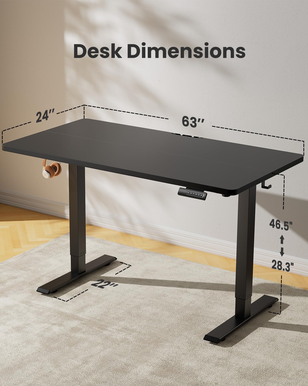 Marsail Adjustable Height Standing Desk - 63x24 Inches Sit Stand Home Office Desk with 4 Memory Presets, Headphone Hook & Cable Organizer - Ergonomic Computer Desk for Work, Gaming & Study (Black)