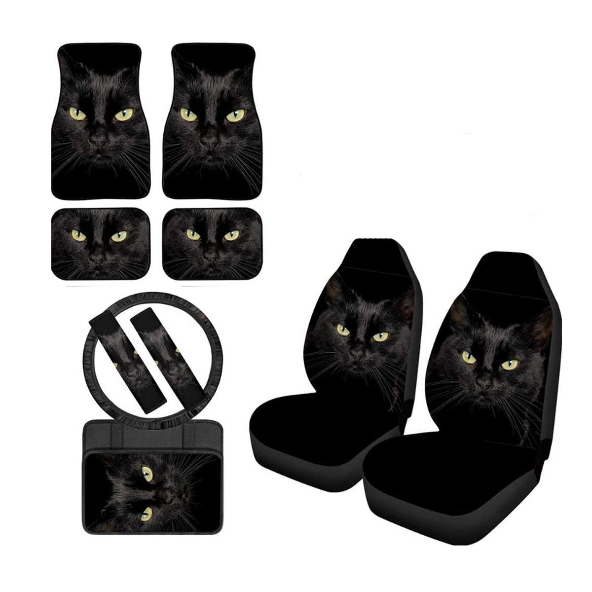 Premium Black Cat Car Accessories Set - Front Seat Covers, Floor Mats, Steering Wheel Cover & More for SUV, Truck & Van | Durable & Stylish Interior Protection for Pets & Daily Commute