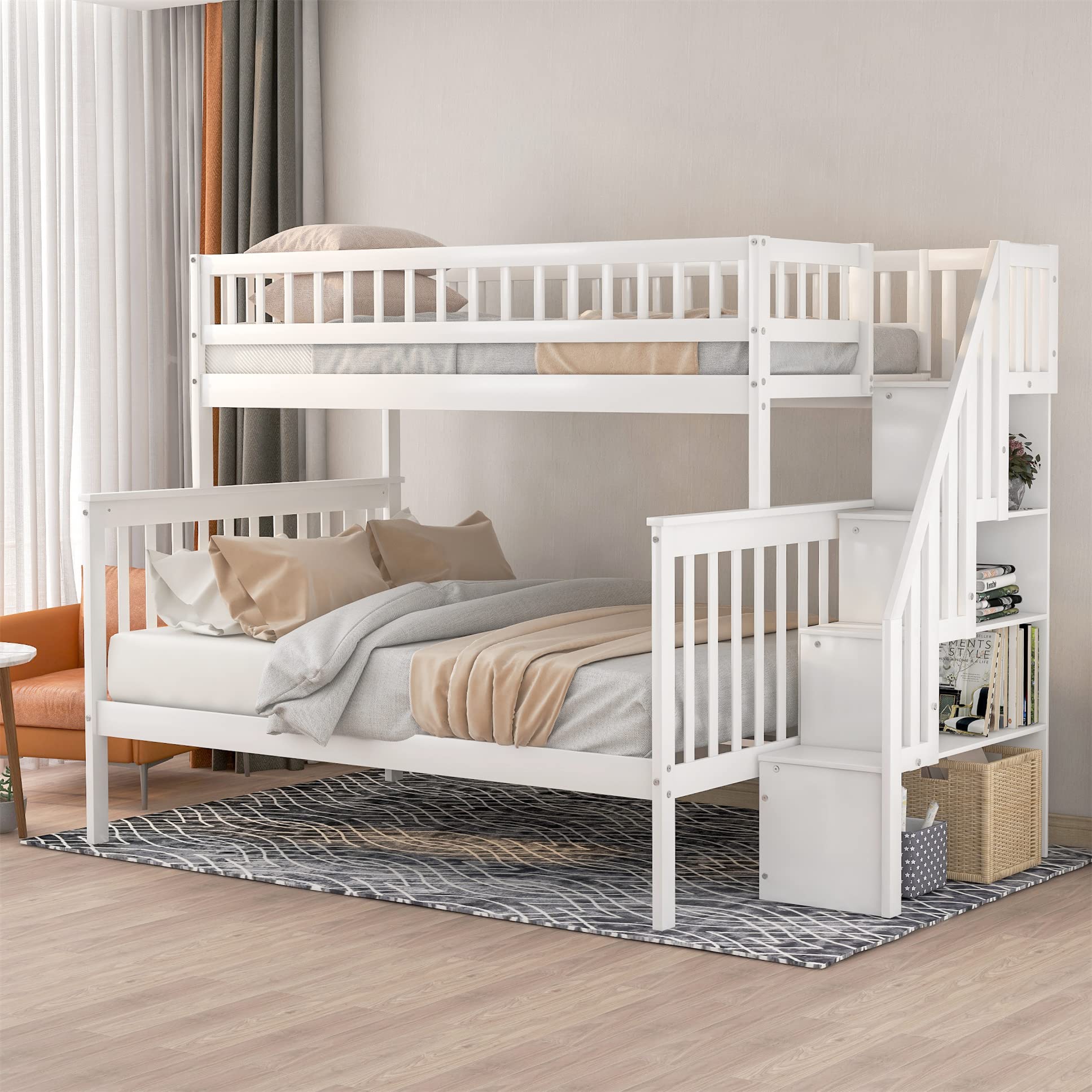 Harper & Bright Designs Twin Over Full Bunk Bed with Stairs - Solid Wood Bunk Bed Frame with Storage Shelves & Guardrails, No Box Spring Needed (White) - Perfect for Kids' Bedroom, Guest Room & Space-Saving Solutions