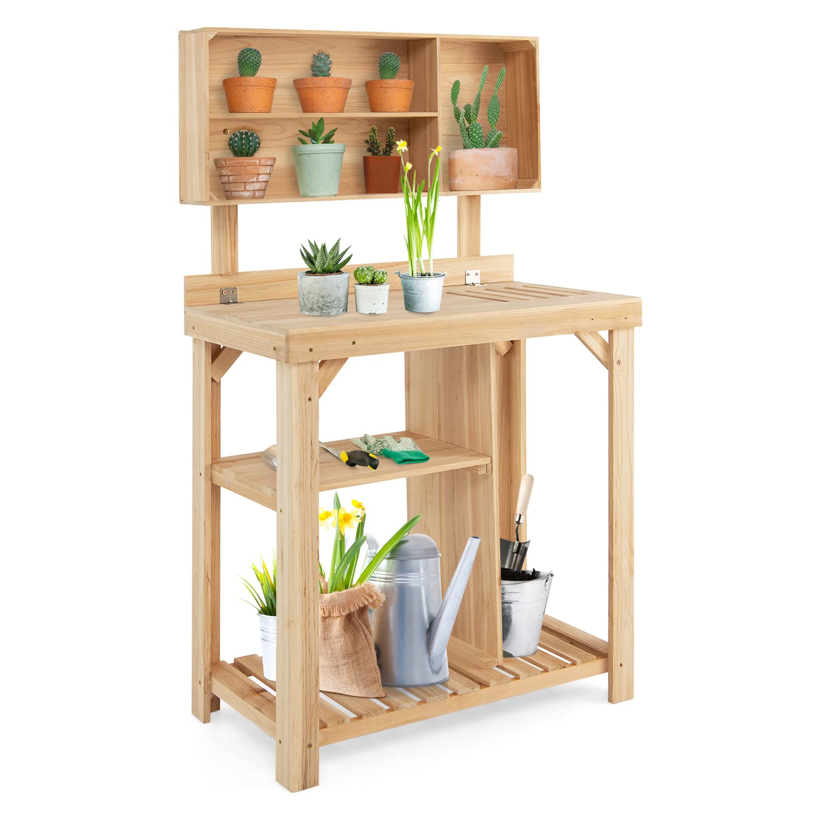 SAFSTAR Wooden Potting Bench with Bottom Shelves & Top Compartments - Sturdy Garden Workstation for Planting, Organizing Tools & Potted Plants - Perfect Outdoor Gardening Table for Backyard, Patio & Balcony Use