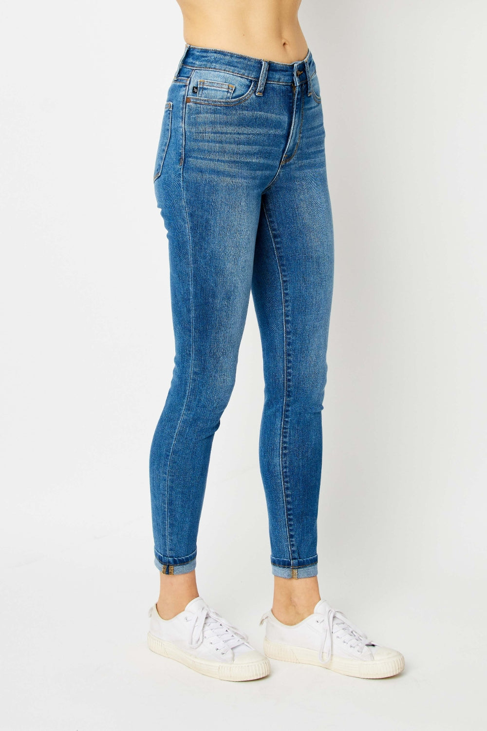 Judy Blue Women's Cuffed Hem Skinny Jeans - High Waist Stretch Denim Pants for Everyday Wear & Casual Outfits