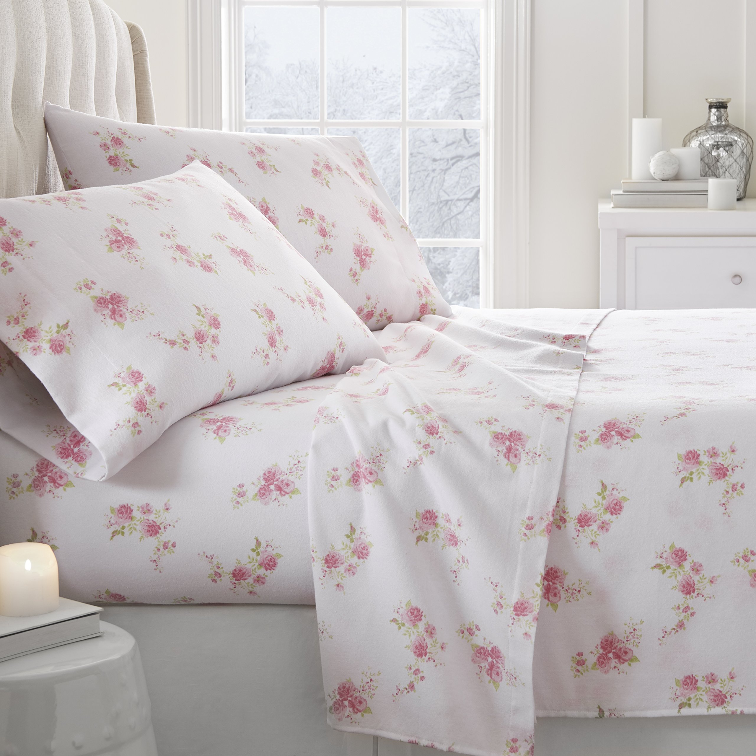 iEnjoy Home 4-Piece Flannel Sheet Set King Size - Soft & Cozy Rose Pink Floral Pattern Bedding for Winter Warmth - Perfect for Cold Nights & Cozy Bedroom Decor