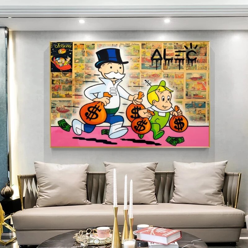 Alec Monopoly Money Bags Art Print - Pop Culture Wall Decor for Home, Office & Gifts | Modern Canvas Painting for Living Room & Bedroom