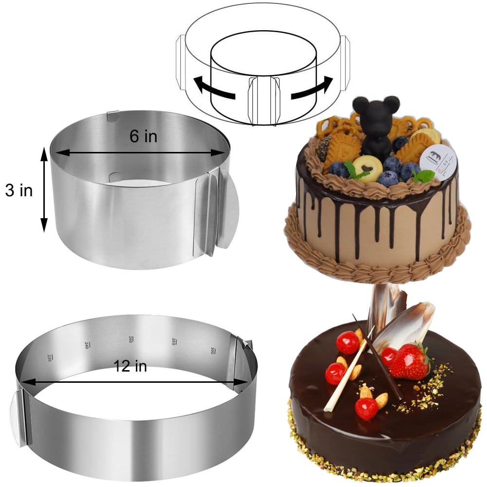 Premium Stainless Steel Cake Rings & Clear Acetate Collar Set - Adjustable 6-12 Inch Round Mousse Molds for Professional Baking - Includes 5.5