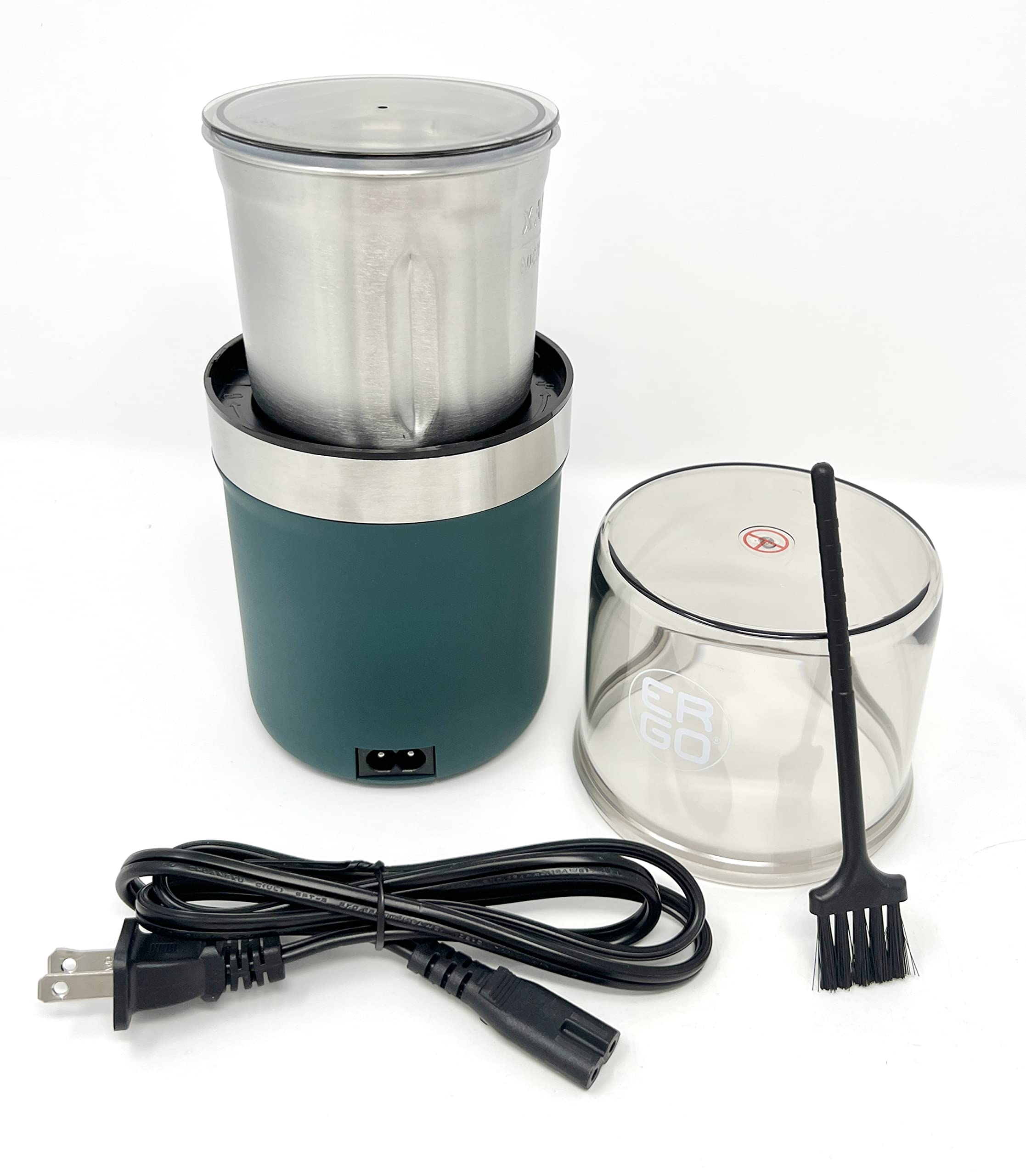 Premium ERGO Electric Herb Grinder - Large Capacity Stainless Steel with Removable Washable Cup & Airtight Lid - Perfect for Grinding Herbs, Spices & Tea Leaves - Includes Pollen Brush - Ideal for Home Kitchen, Camping & Travel Use