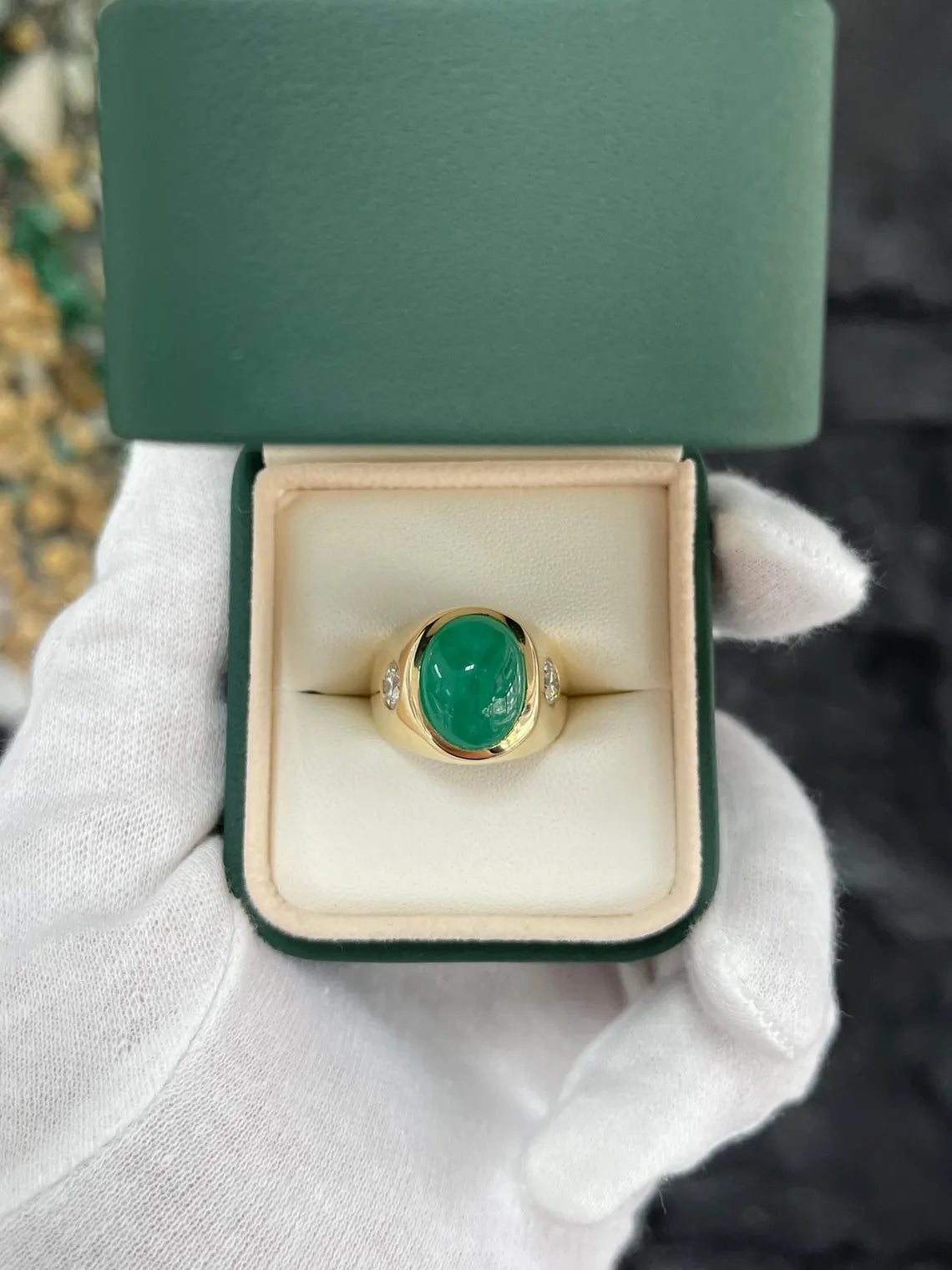 6.49 Carat Natural Emerald Cabochon Diamond Accent Three Stone Ring for Women - Elegant Wedding, Engagement & Anniversary Jewelry Gift