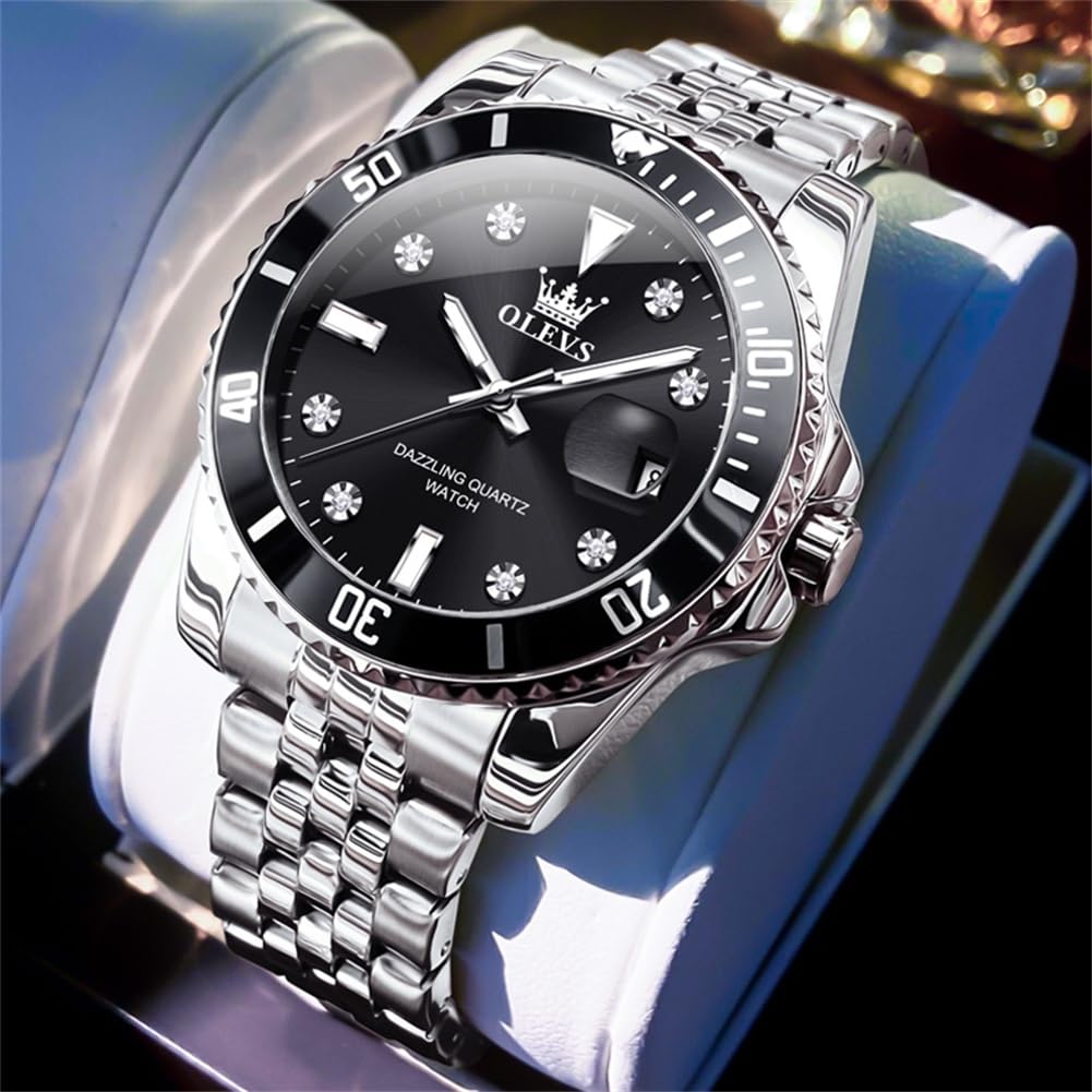 Premium OLEVS Men's Stainless Steel Business Watch - Diamond Accent Large Dial, Date Display & Waterproof - Ideal for Office Wear, Formal Events & Daily Use