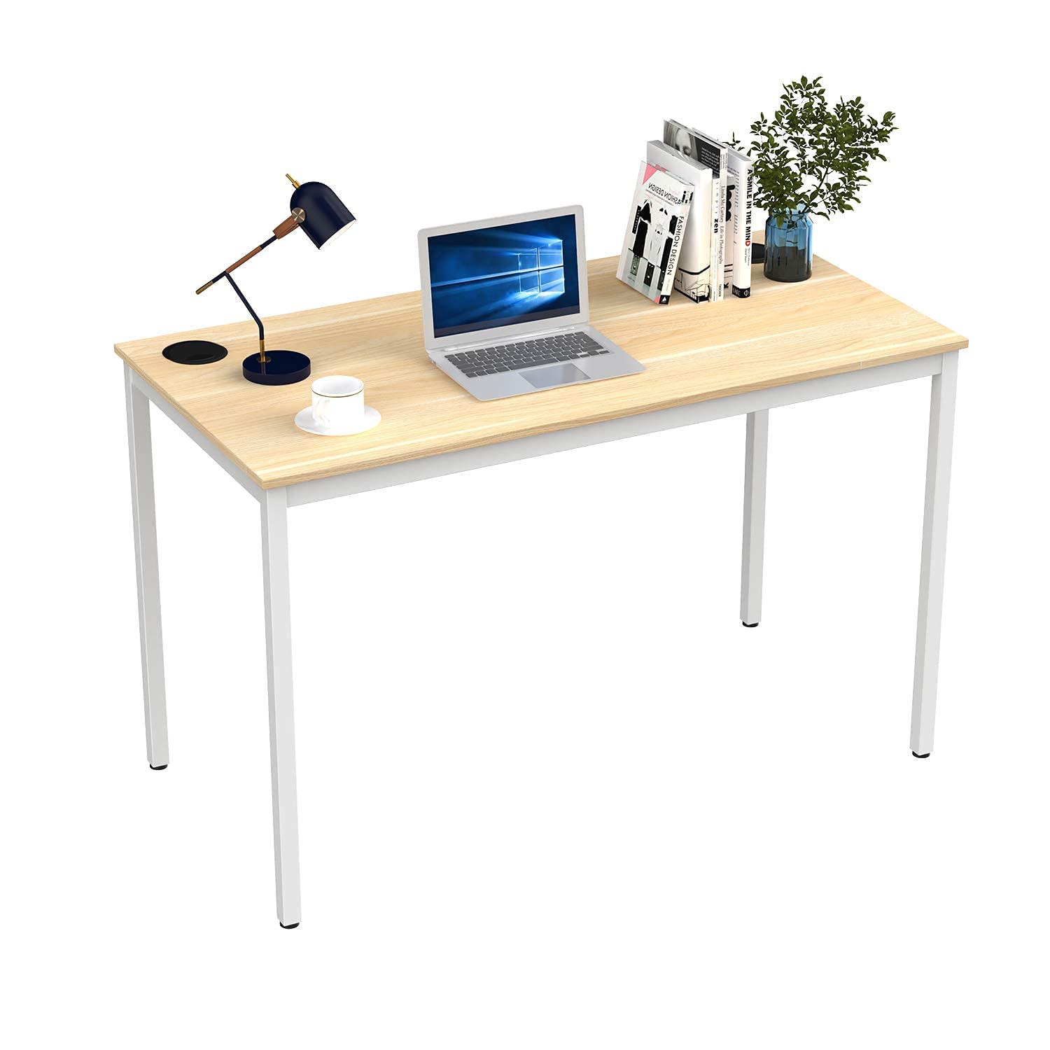 47 Inch Modern Industrial Computer Desk - Home Office Study Writing Desk with White Metal Frame & Wood Grain Top, Easy Assembly for Small Spaces | Perfect for Remote Work, Gaming & Study