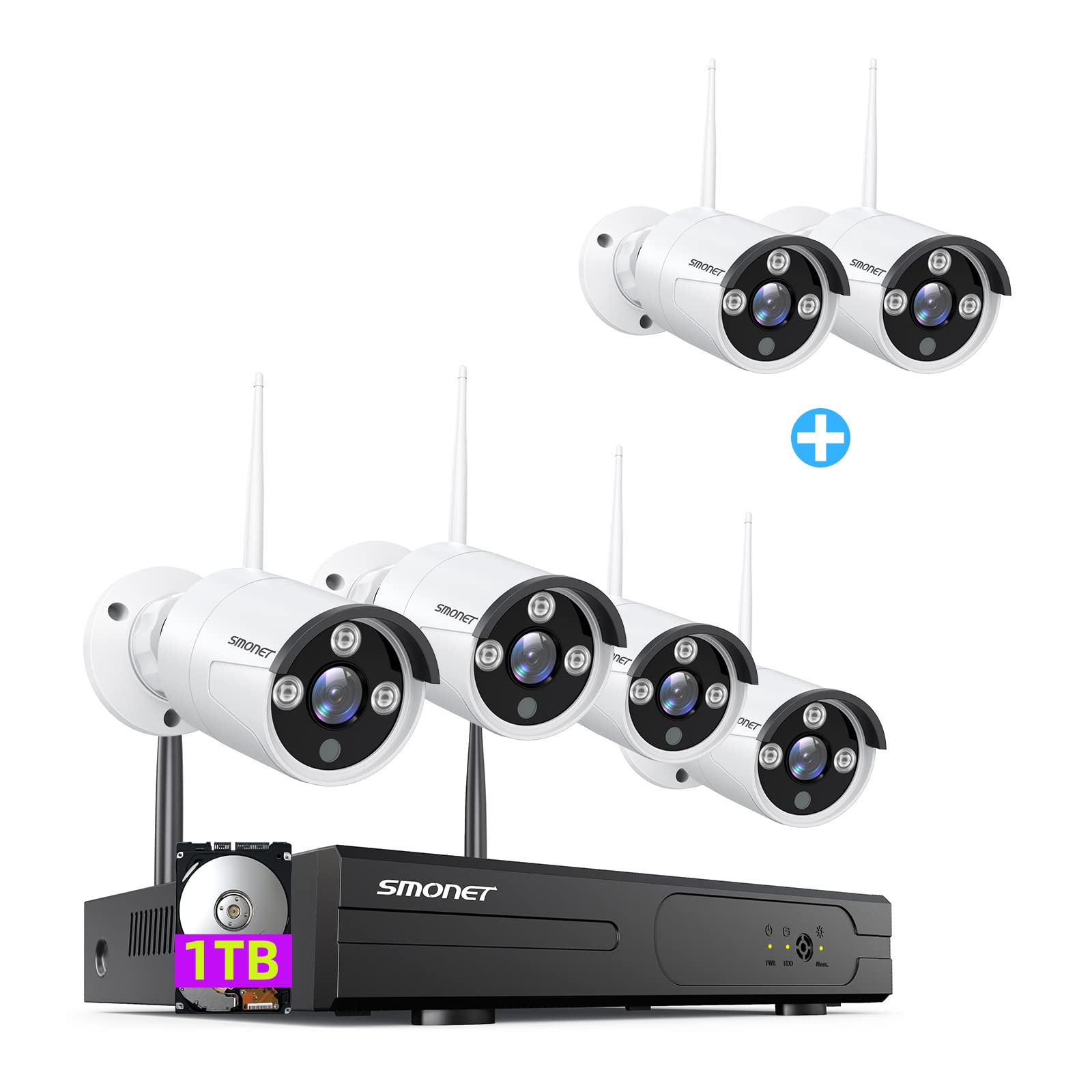 SMONET 8 Channel 3MP Wireless Security Camera System with Audio - 6 Cameras (4+2) & 1TB HDD for Home/Office Surveillance - Indoor/Outdoor Night Vision, Motion Detection, Remote Viewing