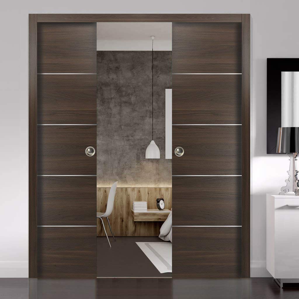 Planum 0020 Chocolate Ash 60x96 Double Pocket Sliding Door with Strips - Solid Core Closet Door with Frames, Trims & Pulls Hardware | Heavy Duty & Sturdy for Bedroom, Walk-in Closet, and Home Organization