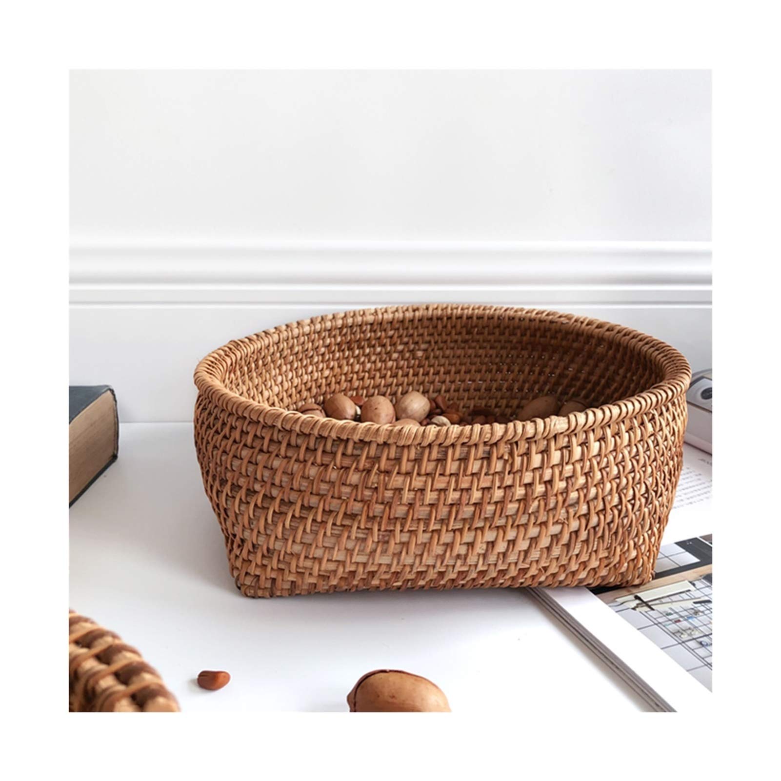MAHFEI Round Woven Bread Basket - Natural Rattan Handwoven Storage Container for Bread Rolls, Fruits, Vegetables & Snacks | Rustic Tabletop Serving Tray for Kitchen, Dining Room & Gift Giving
