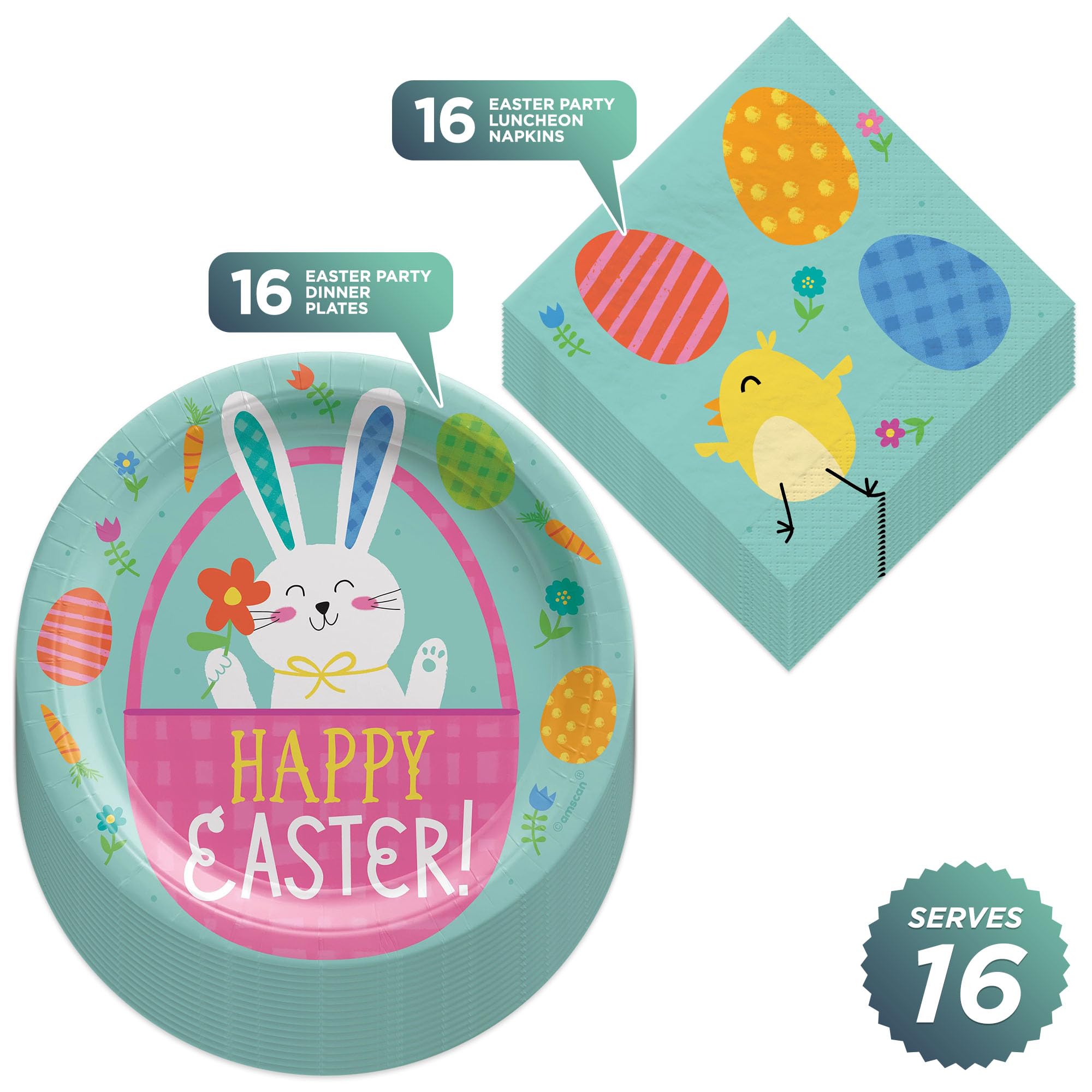 Easter Party Supplies - 16 Bunny & Chick Spring Paper Plates & Napkins Set for Easter Brunch, Spring Celebrations & Holiday Gatherings