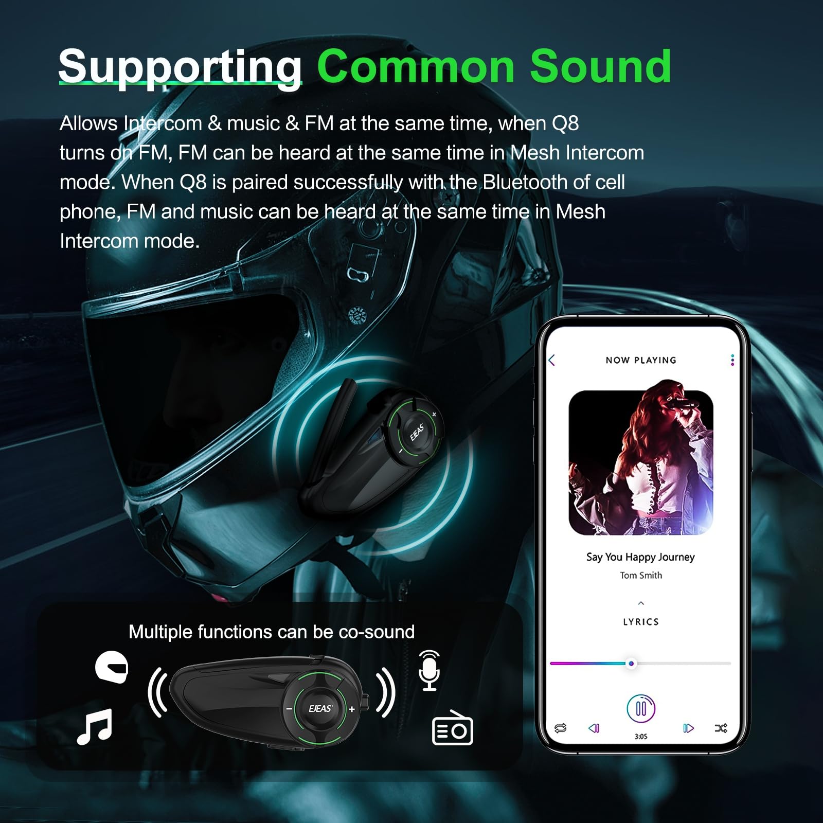 EJEAS Q8 Mesh 3.0 Motorcycle Bluetooth Intercom Headset - 6-Way Full Duplex Communication, Bluetooth 5.1 with CVC Noise Cancellation & Music Sharing (2 Pack) - Perfect for Group Riding, Adventure Tours & Road Trips