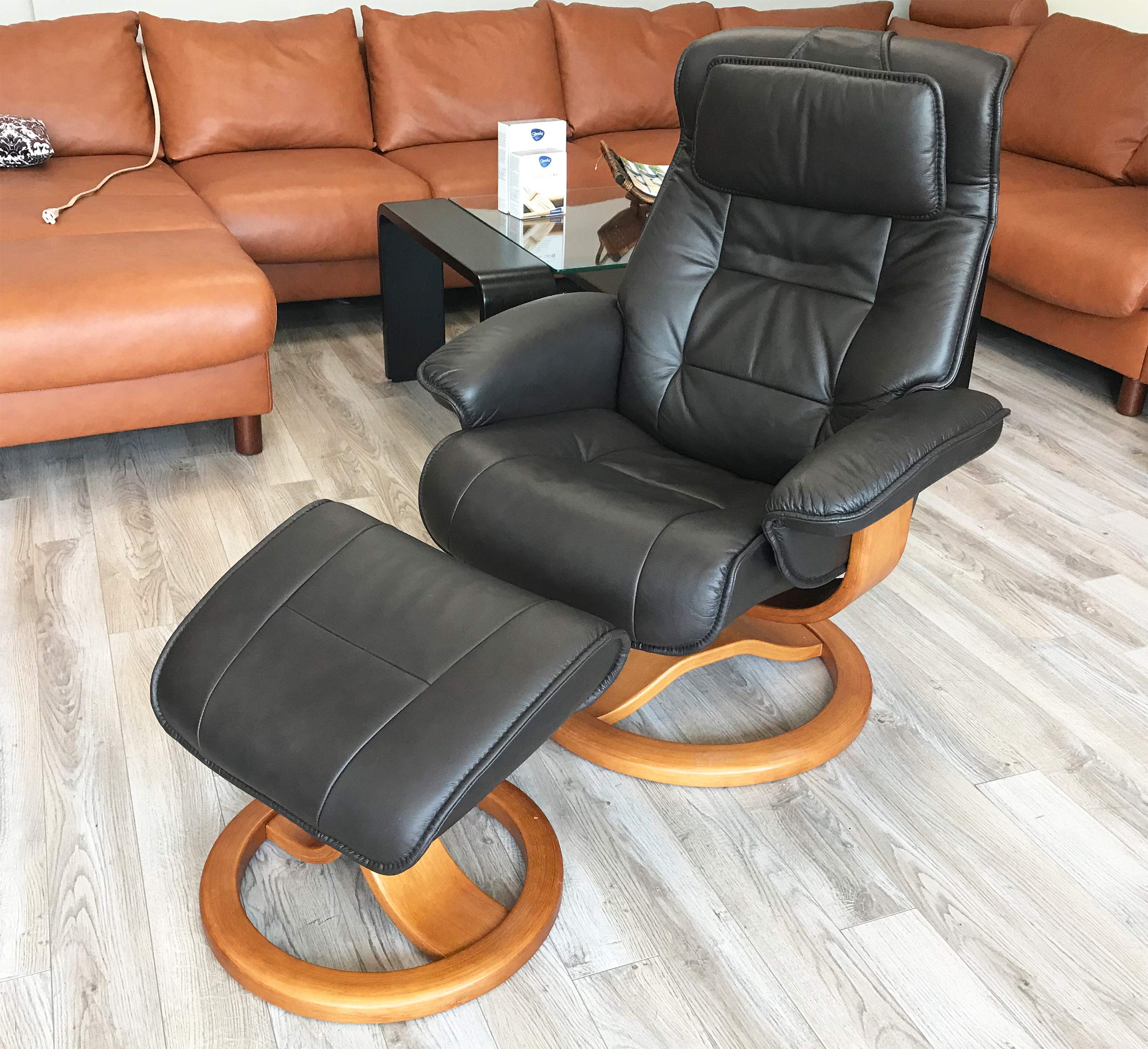 Premium Ergonomic Recliner Chair with Ottoman - Stone NL 130 Nordic Line Leather & Espresso Wood Base - Perfect for Living Room, Home Theater, and Office Relaxation