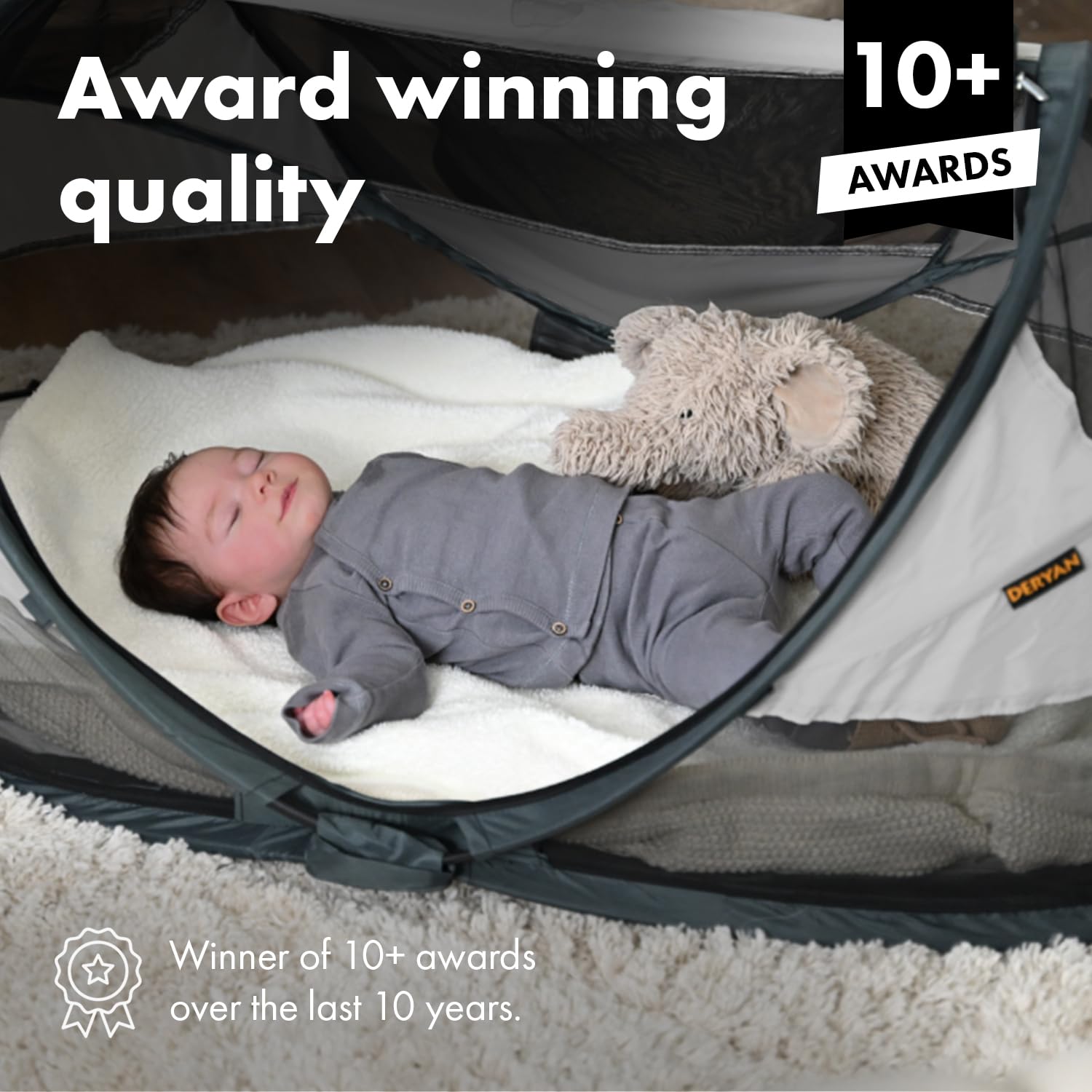 Deryan Baby Travel Cot - Portable Pop-Up Playpen with Self-Inflatable Air Mattress, Zippered Cotton Cover & Carry Bag | Instant Setup in 2 Seconds | Silver | Perfect for Camping, Beach Trips & Indoor Nursery Use