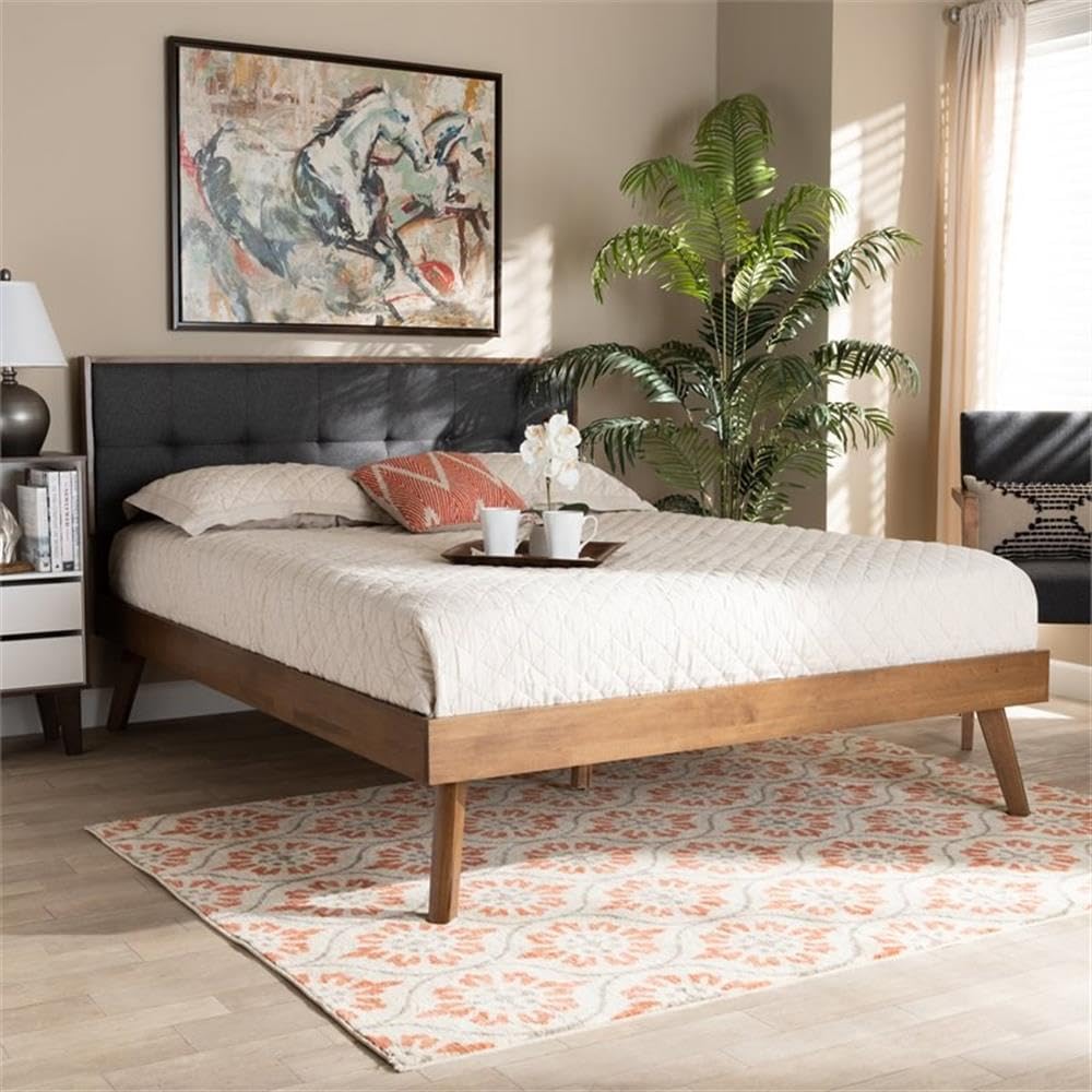 BOWERY HILL Queen Size Platform Bed with Dark Gray Fabric Upholstery and Walnut Finish - Perfect for Modern Bedrooms, Guest Rooms & Small Spaces