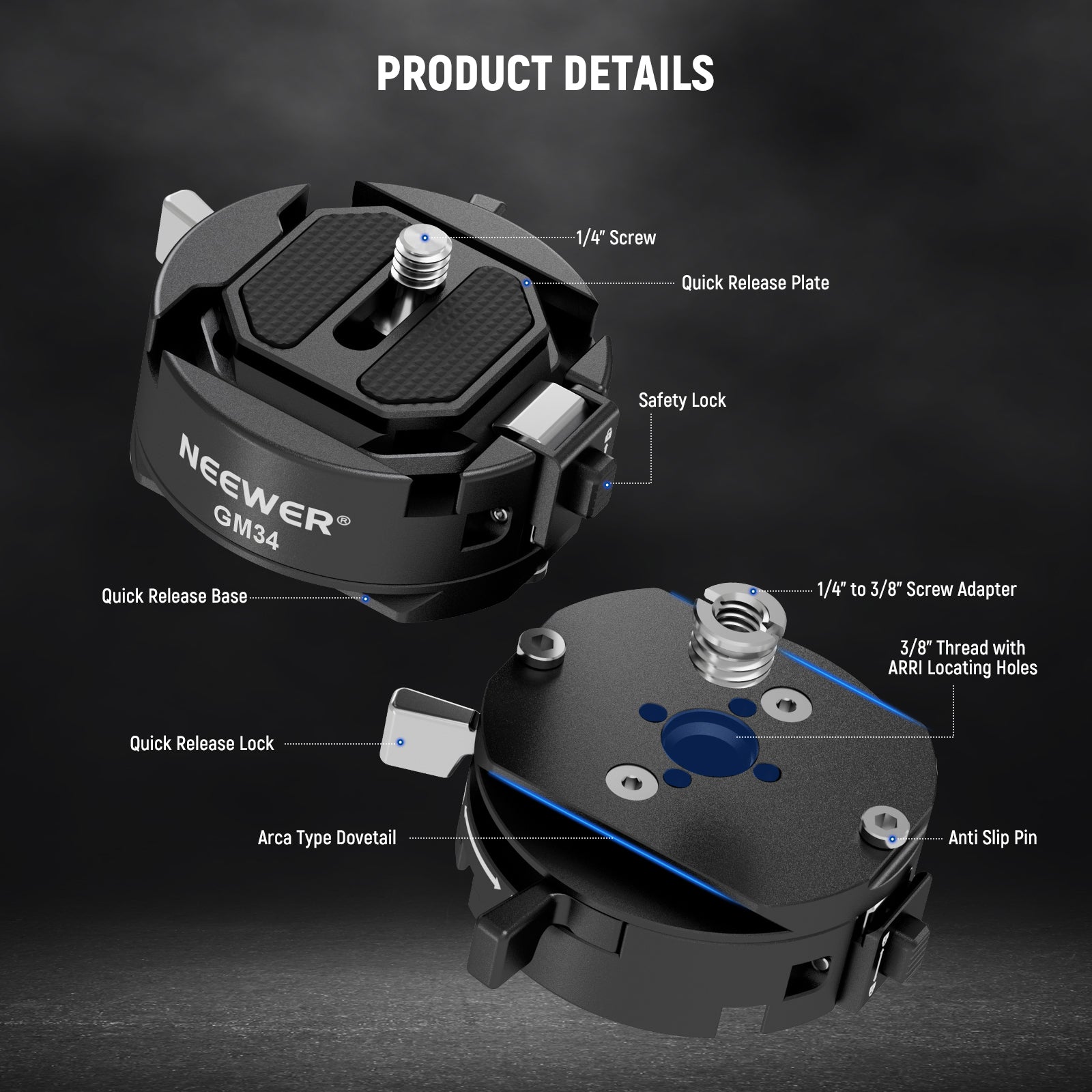 NEEWER GM34 Quick Release Plate Kit for DSLR & Mirrorless Cameras - Secure Mounting for Tripods, Monopods & Camera Accessories - Perfect for Photography, Videography & Travel