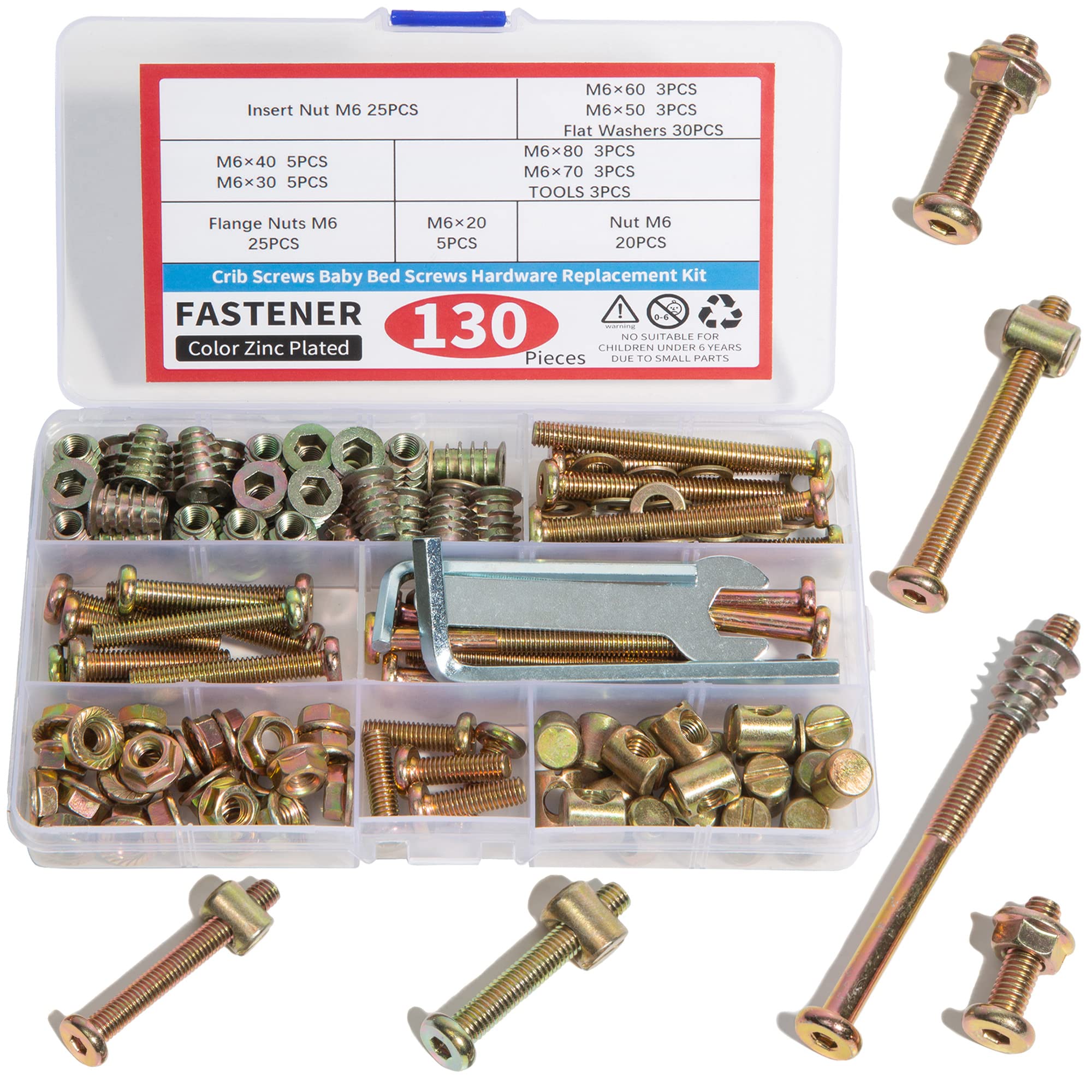 Baby Crib Screws Kit - 130PCS M6 Furniture Hardware for Beds & Chairs - Replacement Parts for DIY & Repair