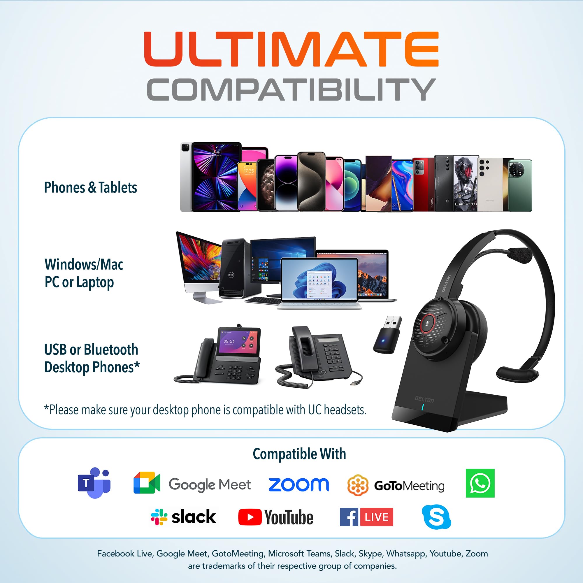 Delton Wireless Noise Canceling Headset with USB Dongle & Charging Dock - Bluetooth Computer Headphone for PC, Laptop, Mac - Works with Zoom, Microsoft Teams, Google Meet - Perfect for Home Office, Online Meetings & Remote Work (Black)