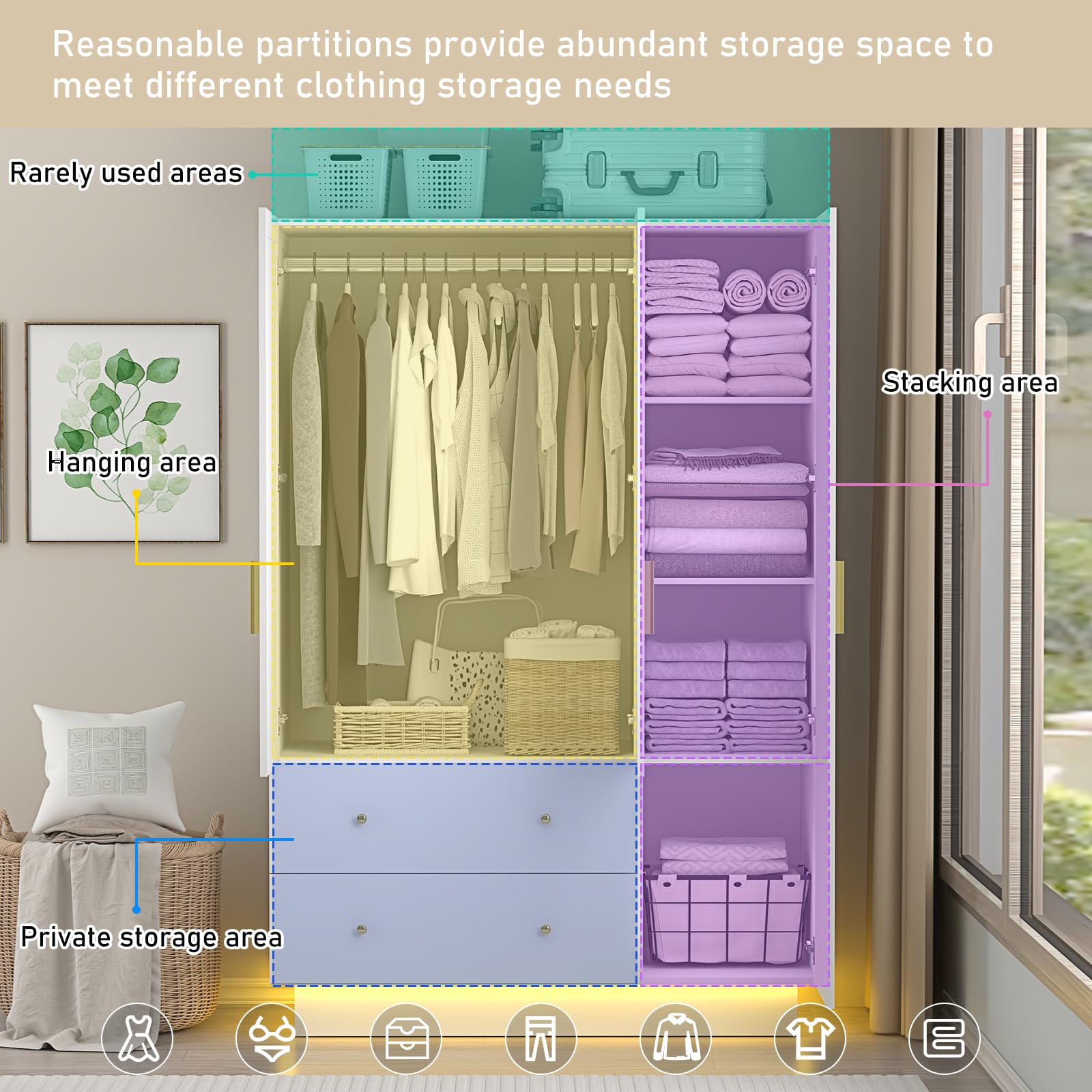 3 Door Wardrobe Closet with Mirror & LED Lights - Modern Wooden Armoire with Drawers, Shelves & Hanging Rod - White Bedroom Storage Solution for Clothes, Shoes & Accessories | Perfect for Master Bedroom, Guest Room & Dorm Organization