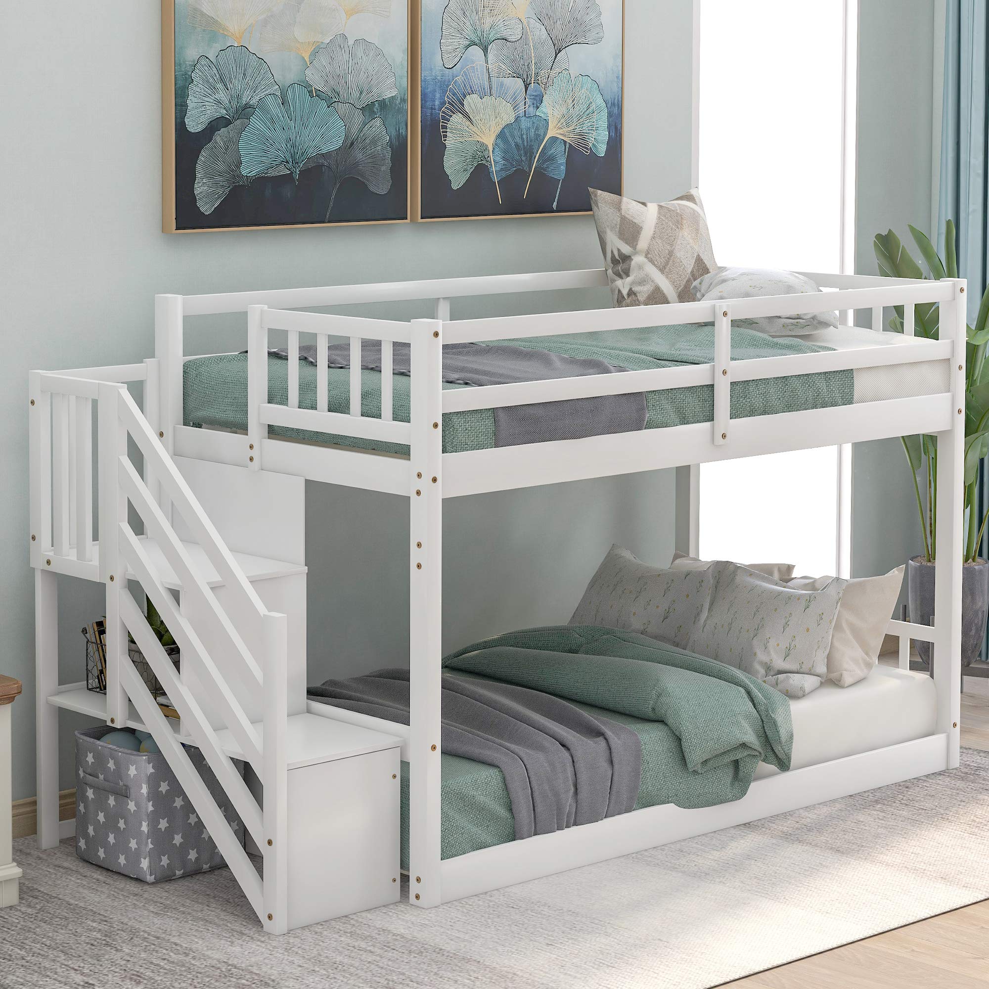 Twin Size Bunk Bed with Storage Staircase for Kids & Teens - Space-Saving White Bunk Bed, No Box Spring Needed - Perfect for Small Bedrooms, Guest Rooms & Dormitories