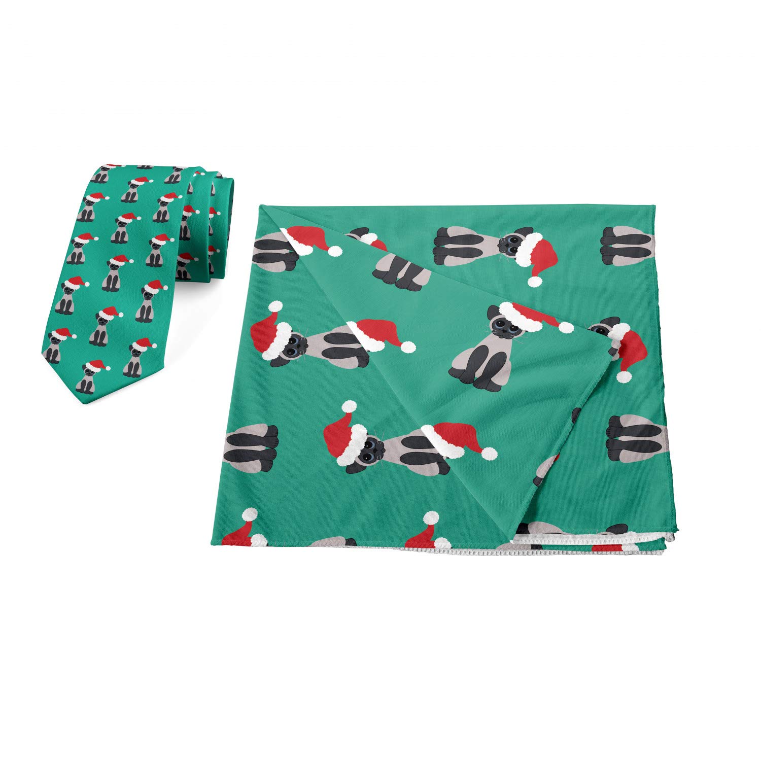 Ambesonne Men's Tie and Bandana Set - Cat Santa Hat Design - Perfect for Christmas Parties, Gifts & Festive Outfits