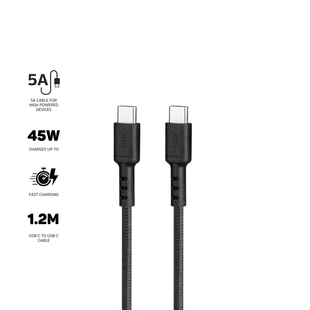 3sixT Tough USB C to USB C 5A Fast Charging Cable 1.2m (4ft) - High Speed Data Sync & Power Delivery for iPhone 15, MacBook, iPad Pro, Samsung Galaxy - Durable Nylon Braided Black Charger Cord for Home, Office & Travel