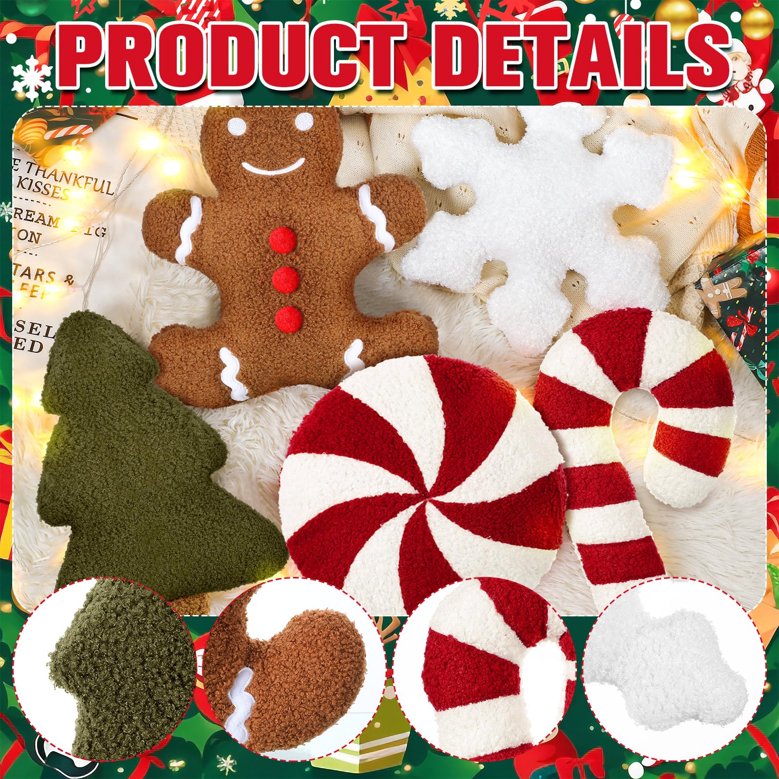 5 Pack Christmas Throw Pillows Set - Festive Holiday Decor with Christmas Tree, Gingerbread Man & Snowflake Designs - Red & White Striped Candy Cane Peppermint Shaped Cushions for Sofa, Bed, Couch - Perfect for Home Decor & Christmas Party Decoration