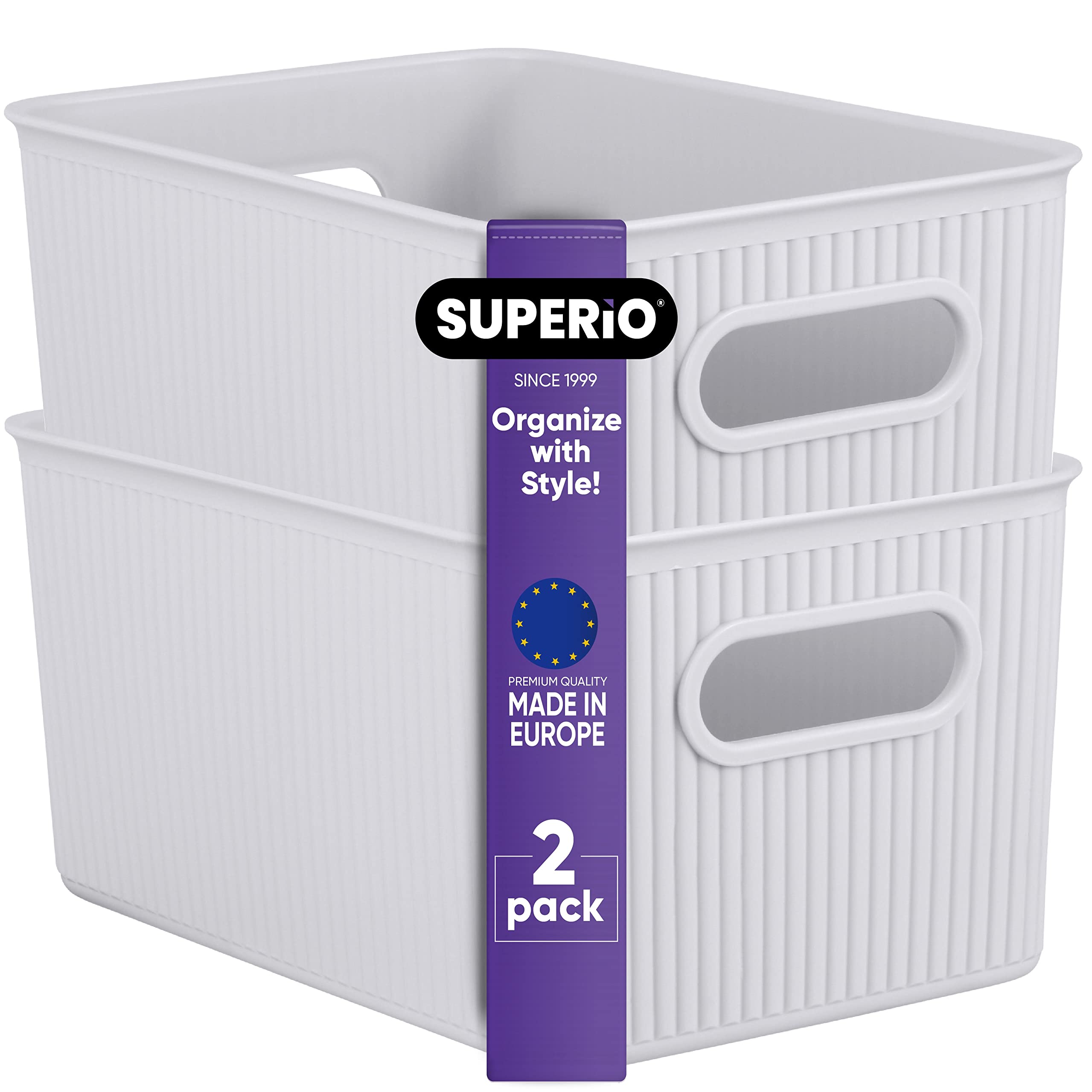 Premium Ribbed Plastic Storage Bins - 2 Pack Medium White Smoke Home Organizer Baskets for Closet, Shelves & Drawers | 5L Decorative Storage Boxes | Perfect for Bedroom, Bathroom & Office Organization