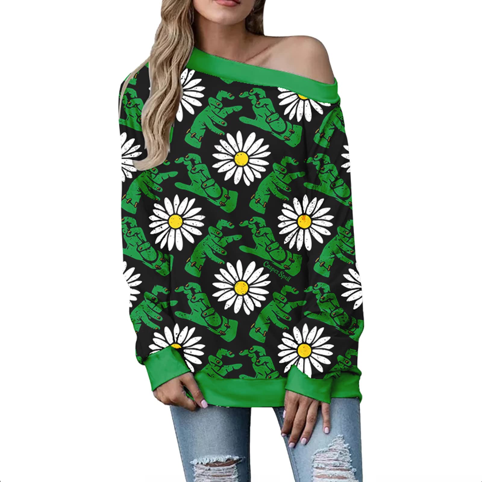 Women's Off Shoulder Long Sleeve Tunic Top - Casual Blouse & Swim Cover Up - Funny Halloween V-Neck T-Shirt for Beach, Pool Party & Everyday Wear