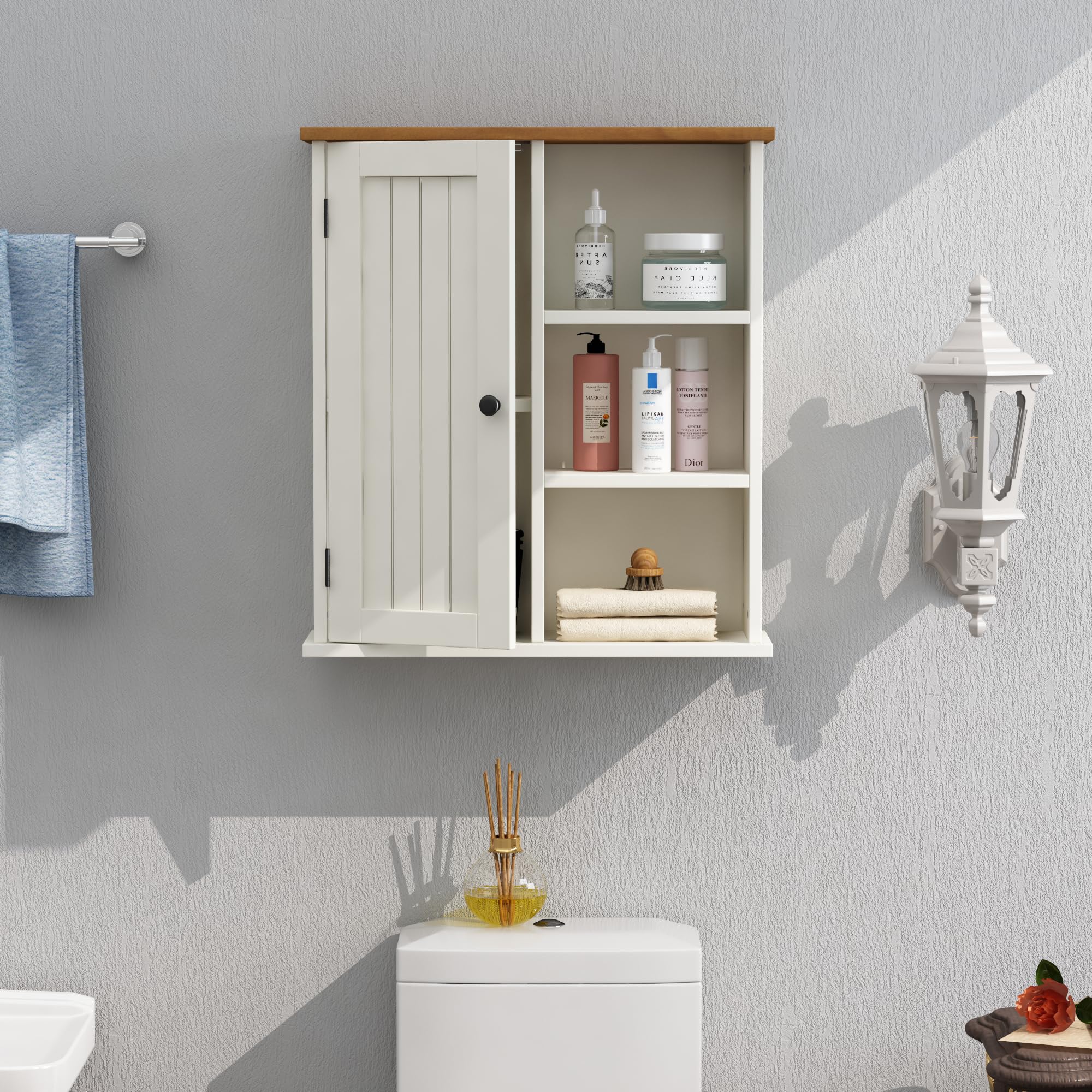 Treocho Wall Mounted Bathroom Cabinet with Door & 3 Open Shelves - Medicine Storage Organizer for Bathroom, Kitchen, Living Room & Farmhouse Decor | Perfect for Small Space Organization & Rustic Home Decor