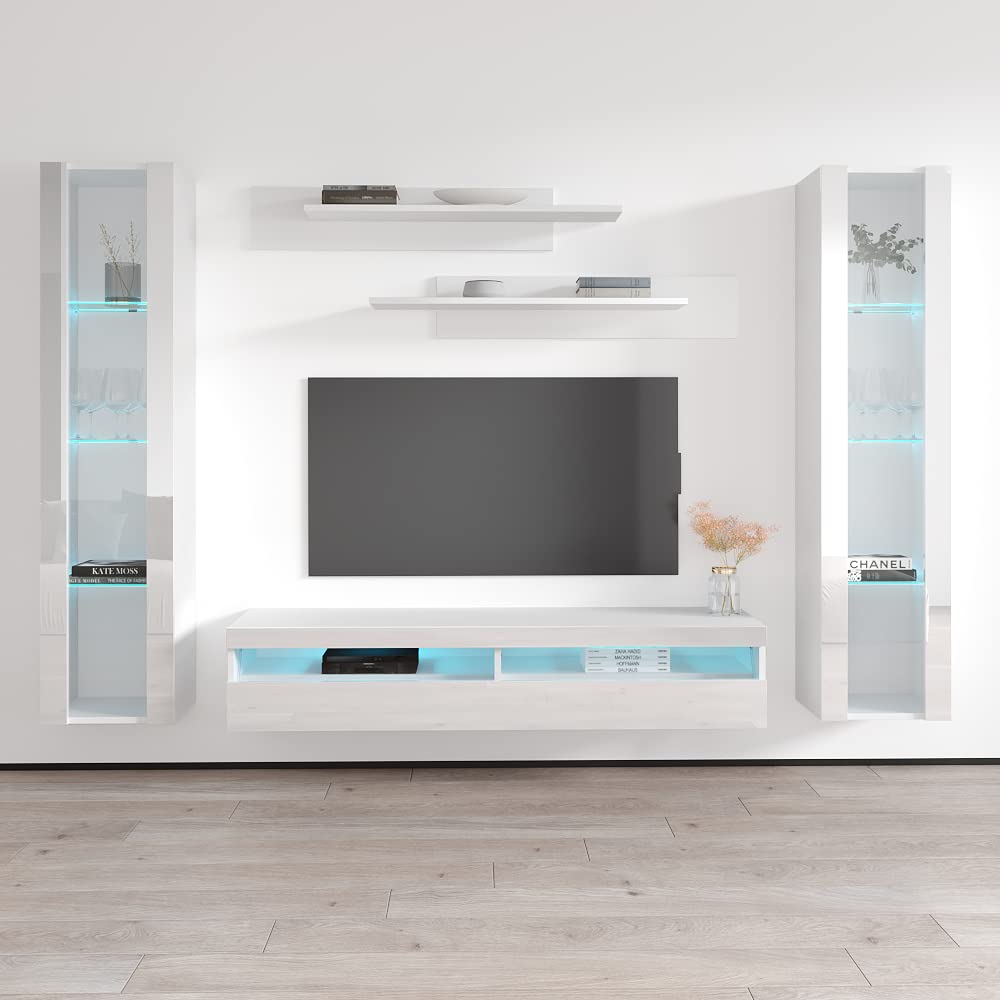 Modern Floating TV Stand with Storage & LED Lights - Wall-Mounted Entertainment Center for Bedroom & Living Room - White Meble Furniture Fly AB2 35TV Console with Shelves - Perfect for Small Spaces & Home Theater Setup