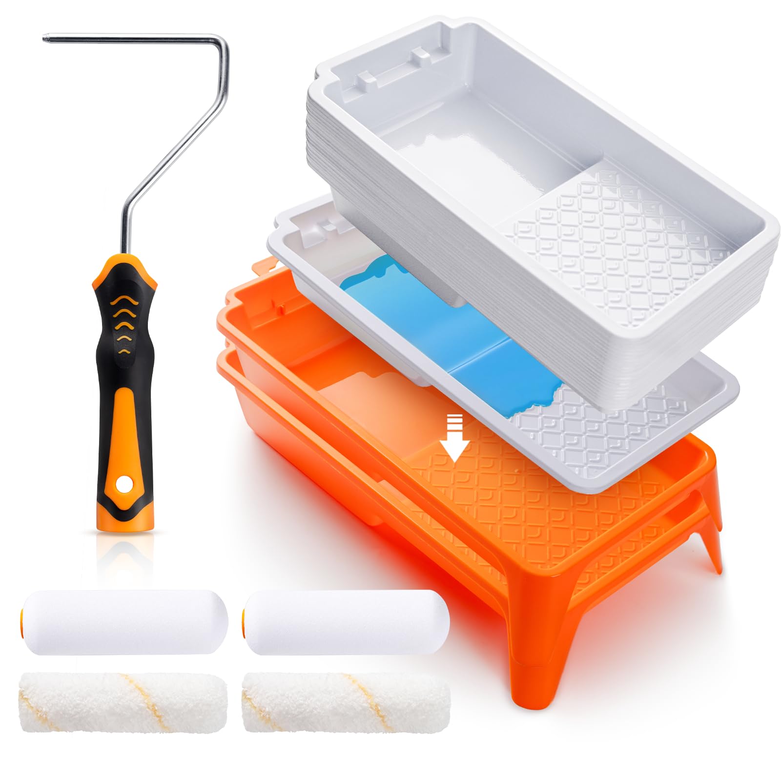 27 Pack Paint Tray Kit - 4 Inch Small Plastic Paint Tray with 20 Disposable Liners | Thickened Light Orange Paint Roller Tray Liners for Home Painting, DIY Projects & Professional Use