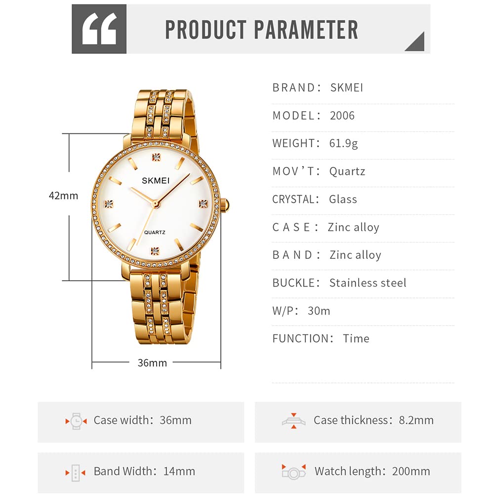 SKMEI Women's Luxury Diamond Stainless Steel Watch - Gold Analog Business Dress Watch with Big Face, Waterproof, Elegant Gift for Wife, Girlfriend & Ladies (Perfect for Office, Party & Formal Occasions)