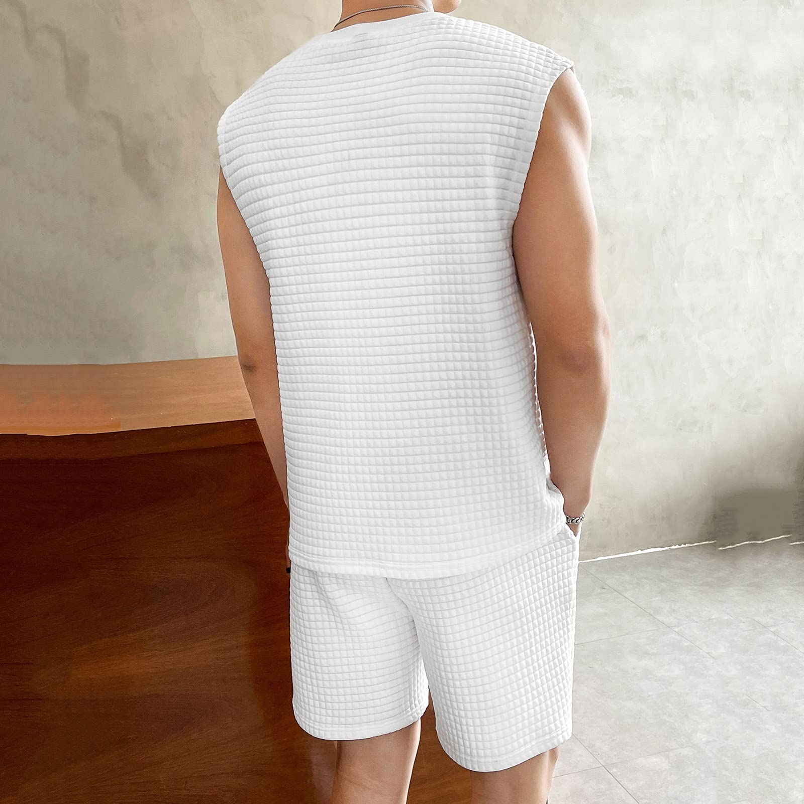 Men's Waffle Knit Tank Top & Shorts 2-Piece Summer Outfit - Breathable Short Sleeve Athletic Set for Gym, Running & Casual Wear