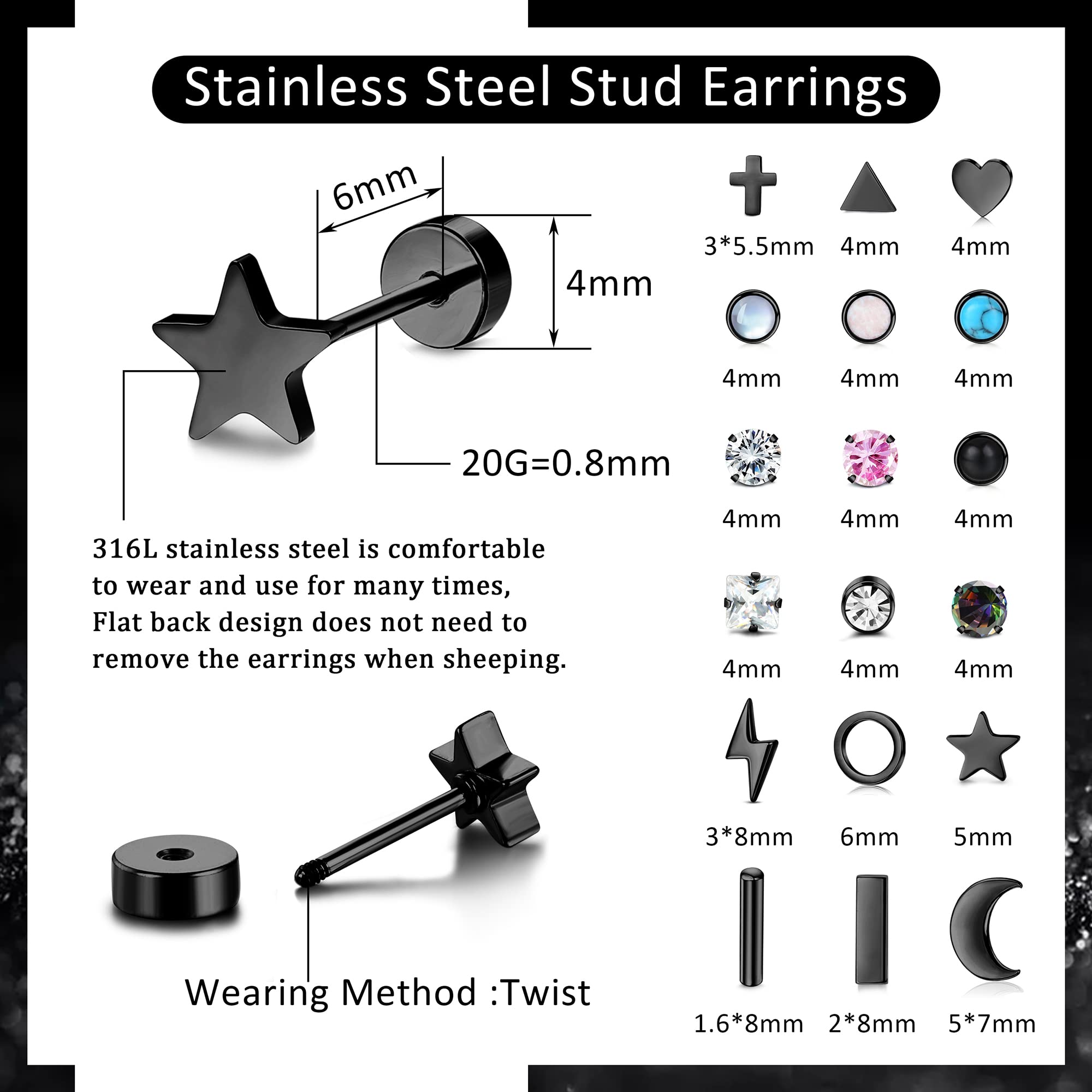 TEN MIRO 18 Pairs Tiny Cartilage Stud Earrings Set for Women & Men - 316L Stainless Steel 20G Helix Earrings with Moon, Star, Heart CZ & Opal Designs - Flat Back Piercing Jewelry (Black) - Perfect for Daily Wear, Gifts & Multiple Ear Piercings