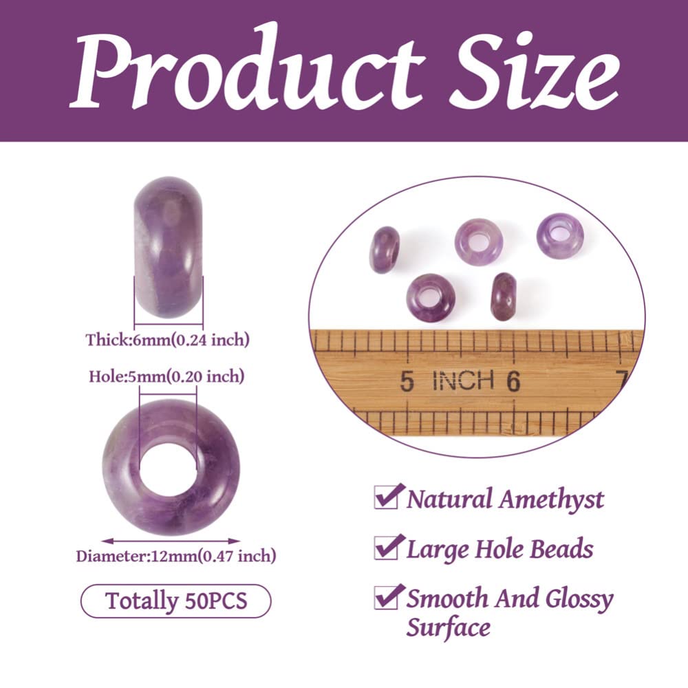 50pcs 12mm Amethyst Gemstone Beads - Large 5mm Hole European Rondelle Spacer Beads for DIY Jewelry Making (Earrings, Bracelets, Necklaces) - Perfect for Boho, Healing Crystal & Handmade Craft Projects
