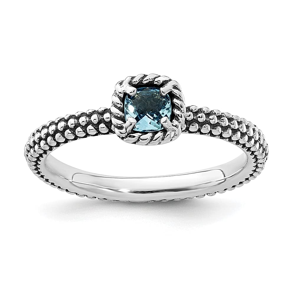 925 Sterling Silver Checker Cut Blue Topaz Band Ring - December Birthstone Jewelry for Women | Stackable Fine Jewelry Gift for Her | Perfect for Anniversaries, Birthdays & Everyday Wear
