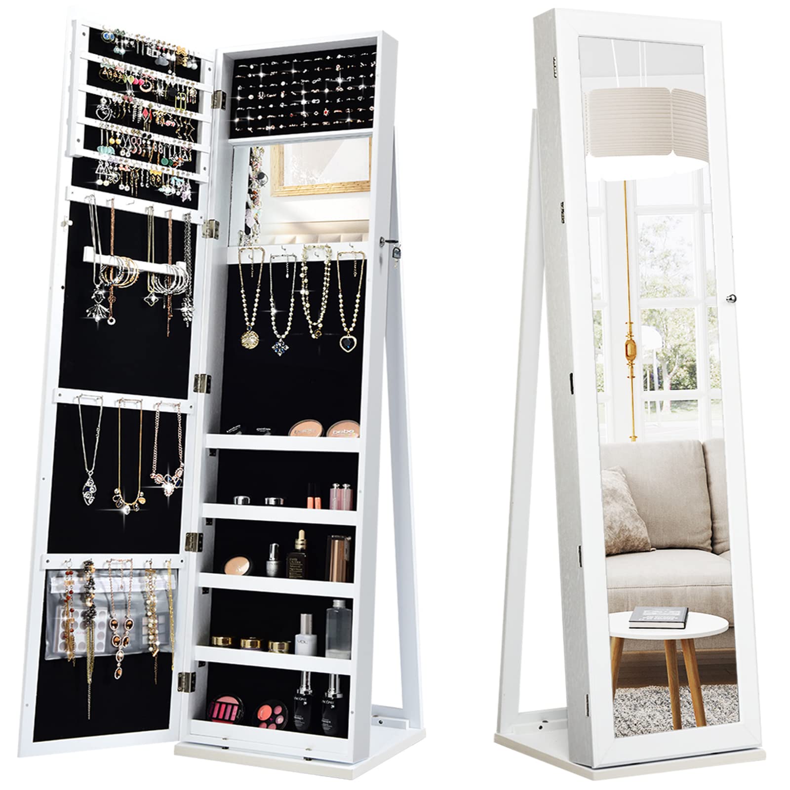 Charmaid Standing Jewelry Armoire with Full Length Mirror - 2-in-1 Lockable Jewelry Cabinet Organizer with Large Storage, Makeup Mirror & Stable Base - Easy Assembly (White) | Perfect for Bedroom, Closet & Dressing Room Organization