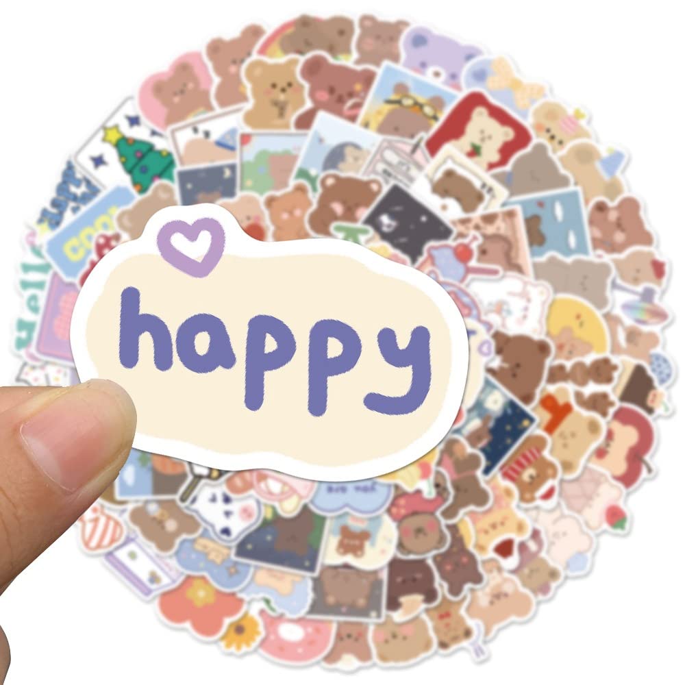 100pcs Kawaii Happy Bear Stickers Set - Cute Small Cardstock Decorative Masking Stickers for Planners, Journals, Scrapbooks & DIY Crafts - Perfect for Personalizing Notebooks, Gift Wrapping & School Projects