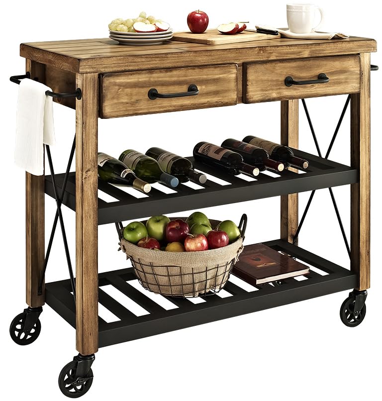 Crosley Furniture Roots Rolling Cart & Kitchen Island - Microwave Stand with Storage Shelves & Drawers, Natural Wood - Perfect for Small Kitchen, Pantry Organization & Mobile Serving Station