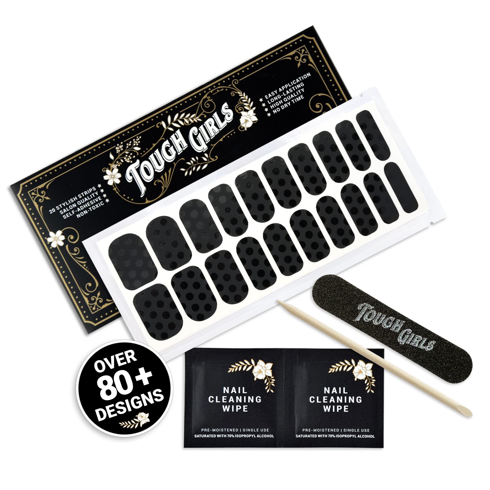 20 Exquisite Gel Nail Polish Strips with Application Accessories - No UV/LED Lamp Needed (Black Matte with Glossy Dots) | TOUGH GIRLS Nail Art Kit for DIY Manicures at Home, Parties, and Special Occasions
