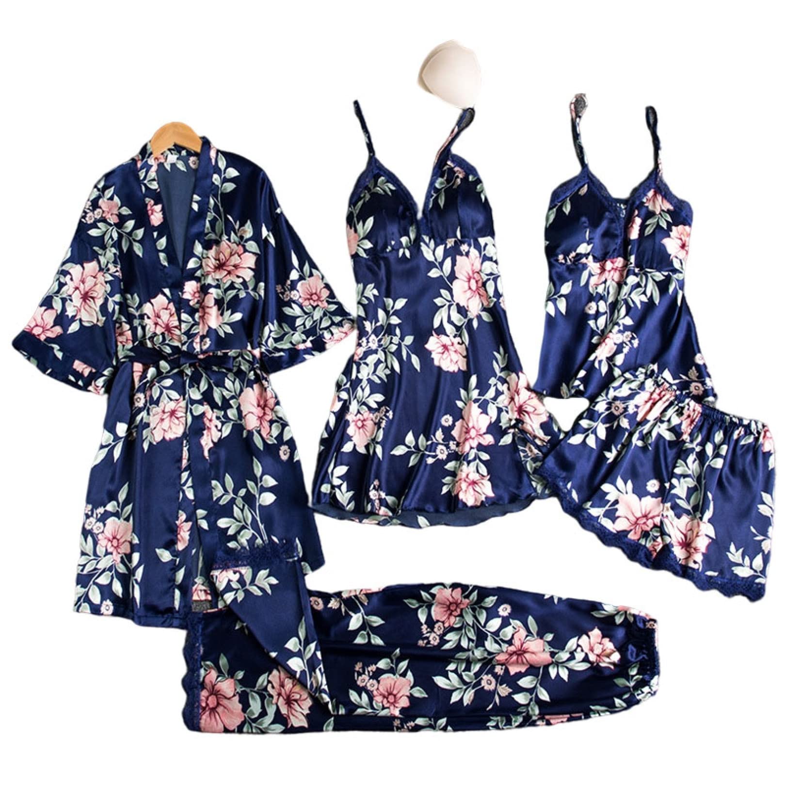 Women's 5-Piece Silk Pajama Set - Sexy Nightgown, Cami Slip Dress, Shorts & Robe with Floral Print - Comfortable Lounge Wear for Sleep, Relaxation & Honeymoon