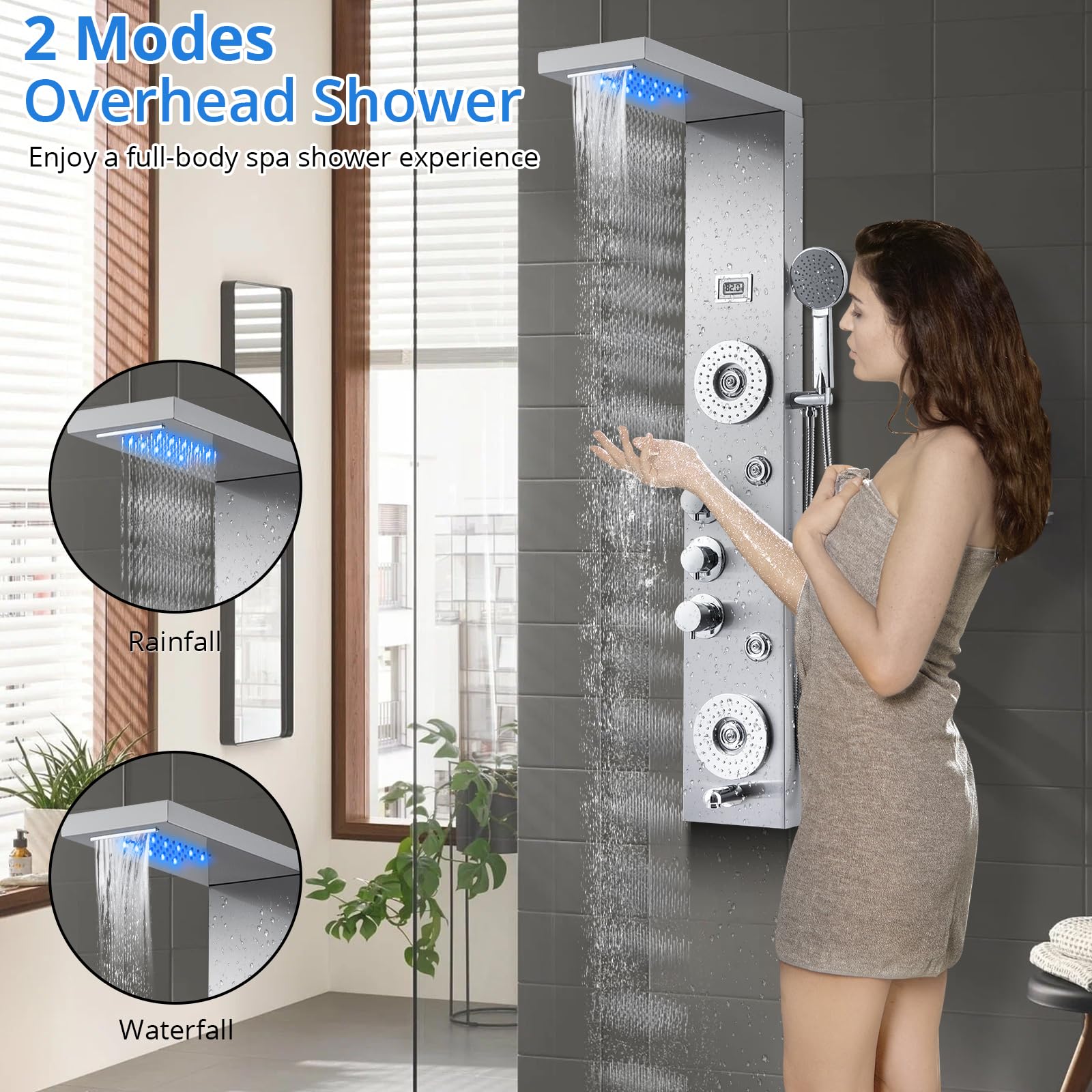 6-in-1 Stainless Steel Shower Panel Tower System with LED Rainfall, Waterfall & Handheld Shower Head - Wall Mounted Bathroom Faucet Set (Silver) | Perfect for Modern Home Spa, Luxury Bathroom Renovation & Relaxing Shower Experience