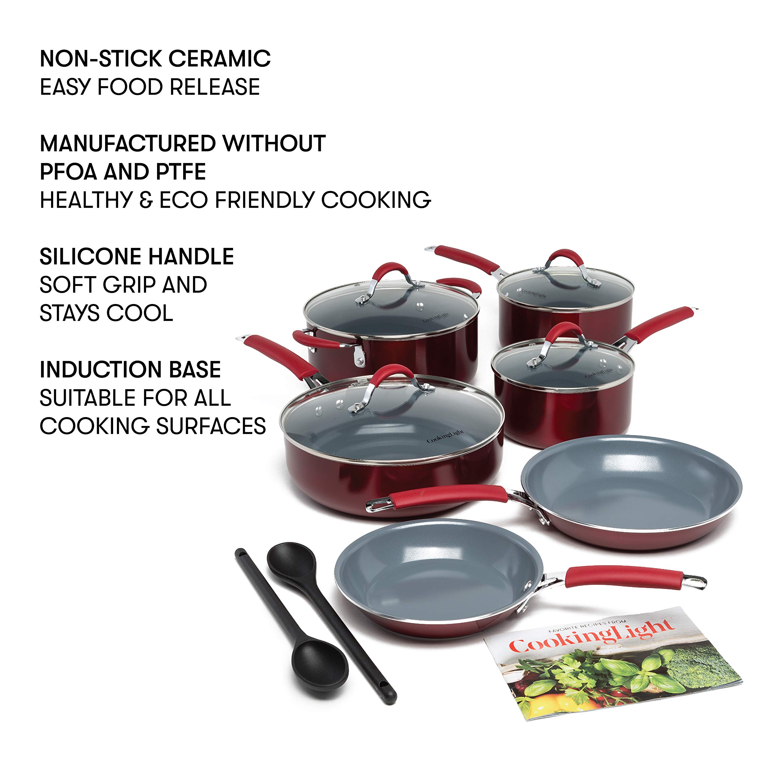 **Nonstick Ceramic Cookware Set - 12-Piece Pots and Pans with Silicone Stay-Cool Handles, Dishwasher Safe, Red - Perfect for Healthy Cooking & Family Meals**