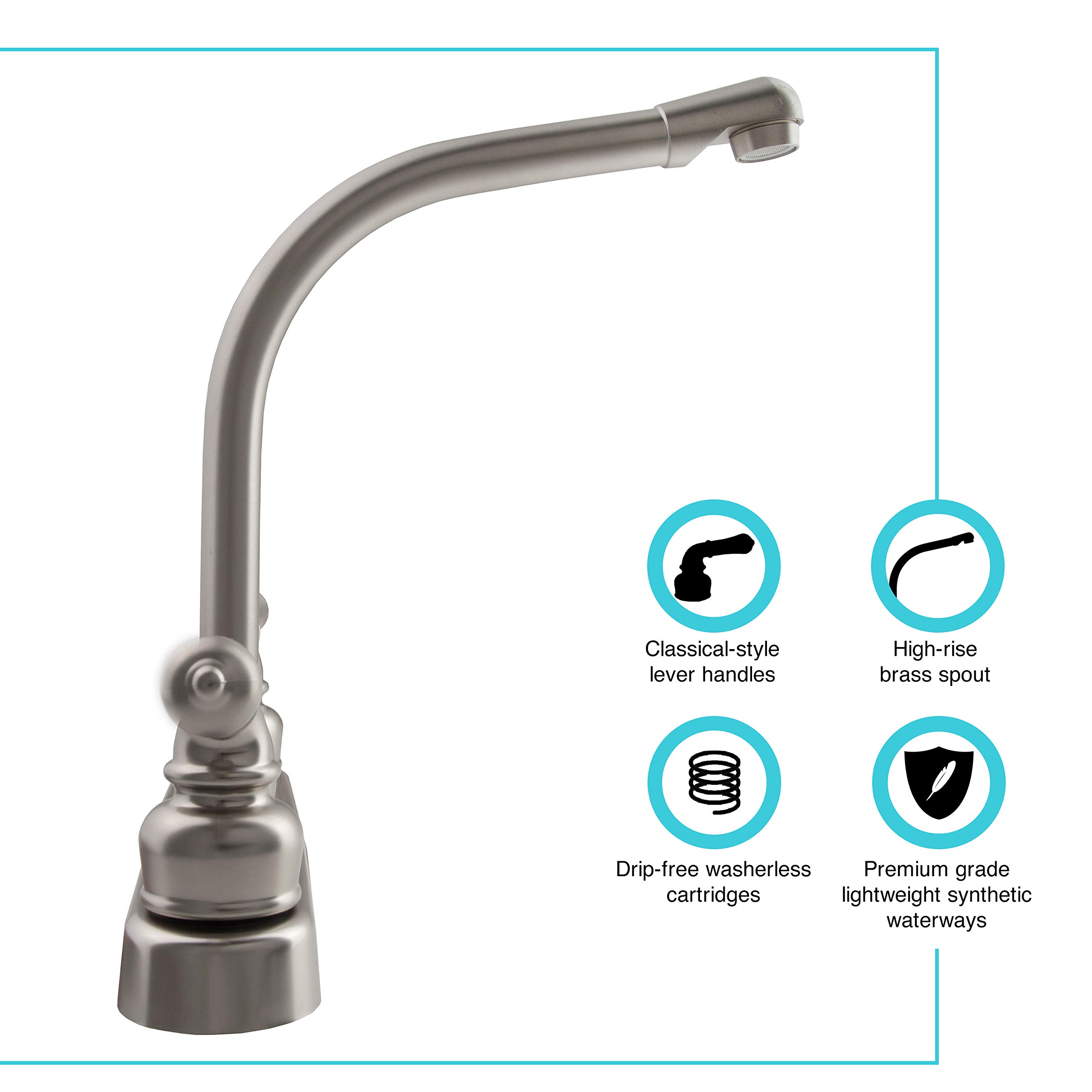 **Durable RV Kitchen Sink Faucet - Brushed Satin Nickel Finish, Hi-Rise Design with Classic Levers for Campers & Trailers | Perfect for Outdoor Cooking & Mobile Living**