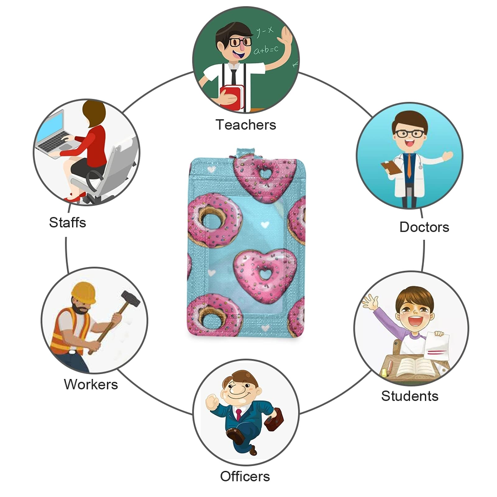 Pink Heart Donuts ID Badge Holder with Lanyard - Office & School Use