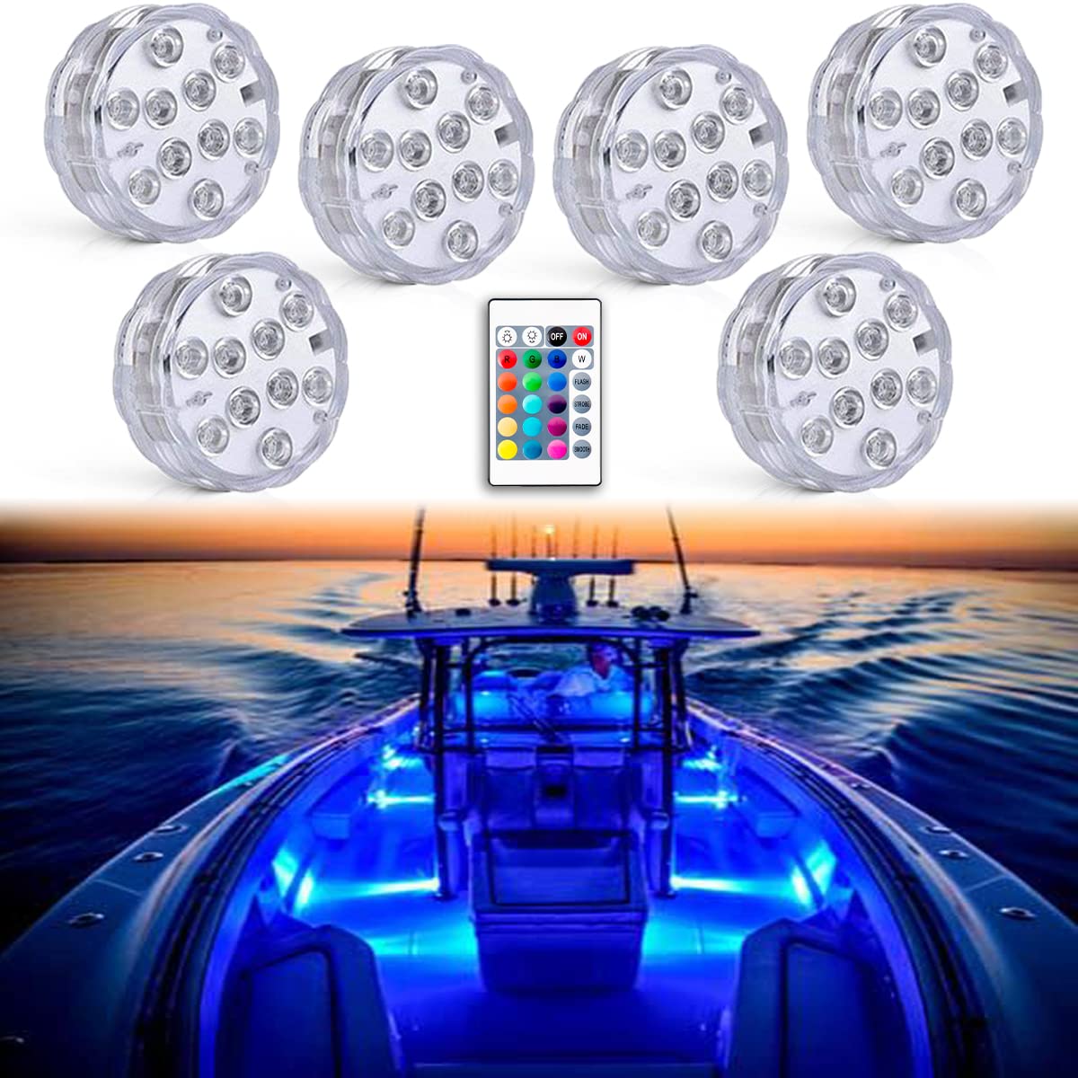 Wireless Battery Operated Waterproof Marine LED Boat Lights - 6 Pack RGB Multi-Color Remote Controlled Deck & Interior Lights for Fishing Kayak, Duck Jon, Bass Boats | Perfect for Night Fishing & Boat Parties