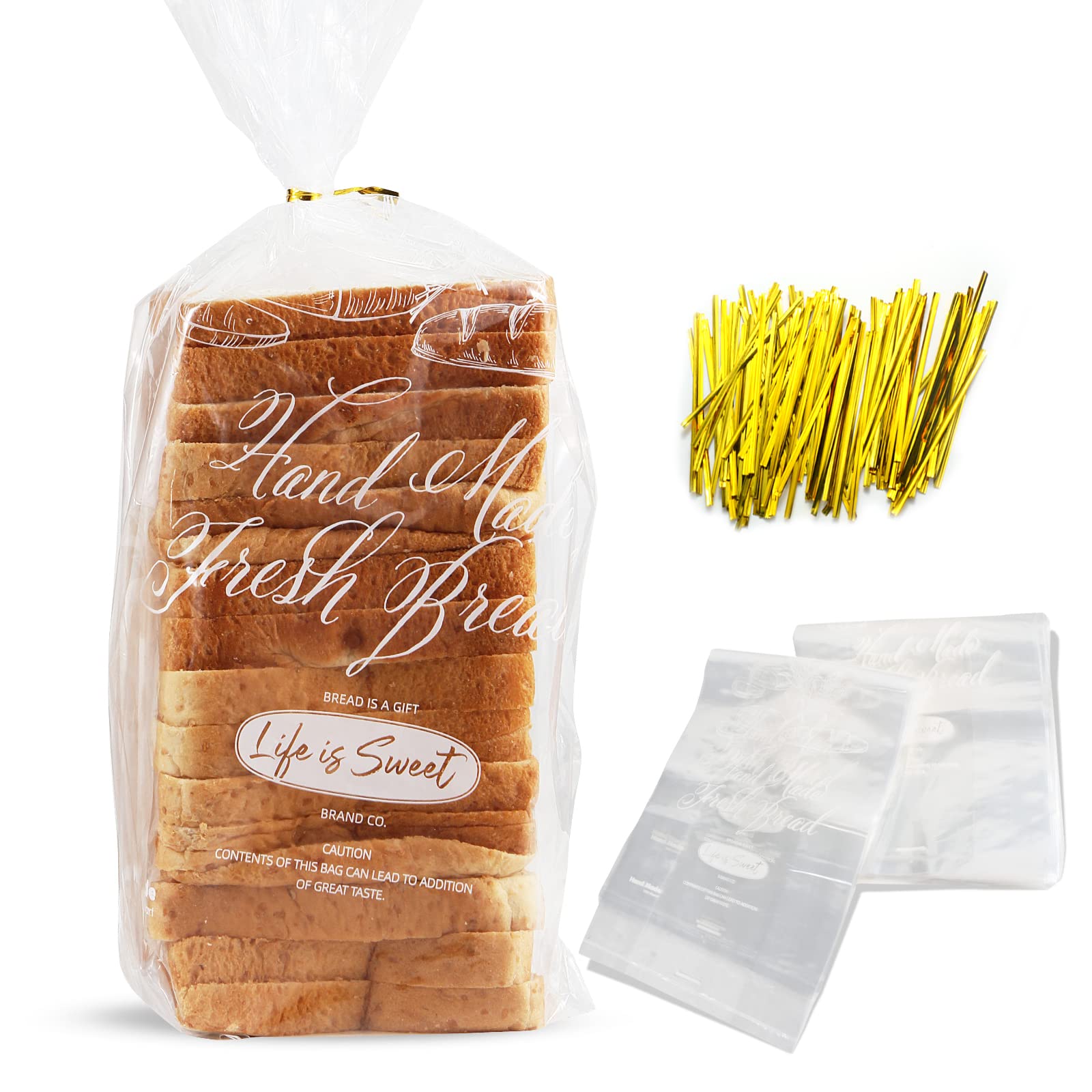 100 Pack Aekahtay Plastic Bread Bags with Twist Ties | 8x4x18 Inches Printed Bakery Bags for Homemade Bread, Pastries & Baked Goods | Perfect for Gift Giving, Storage & Freshness Preservation