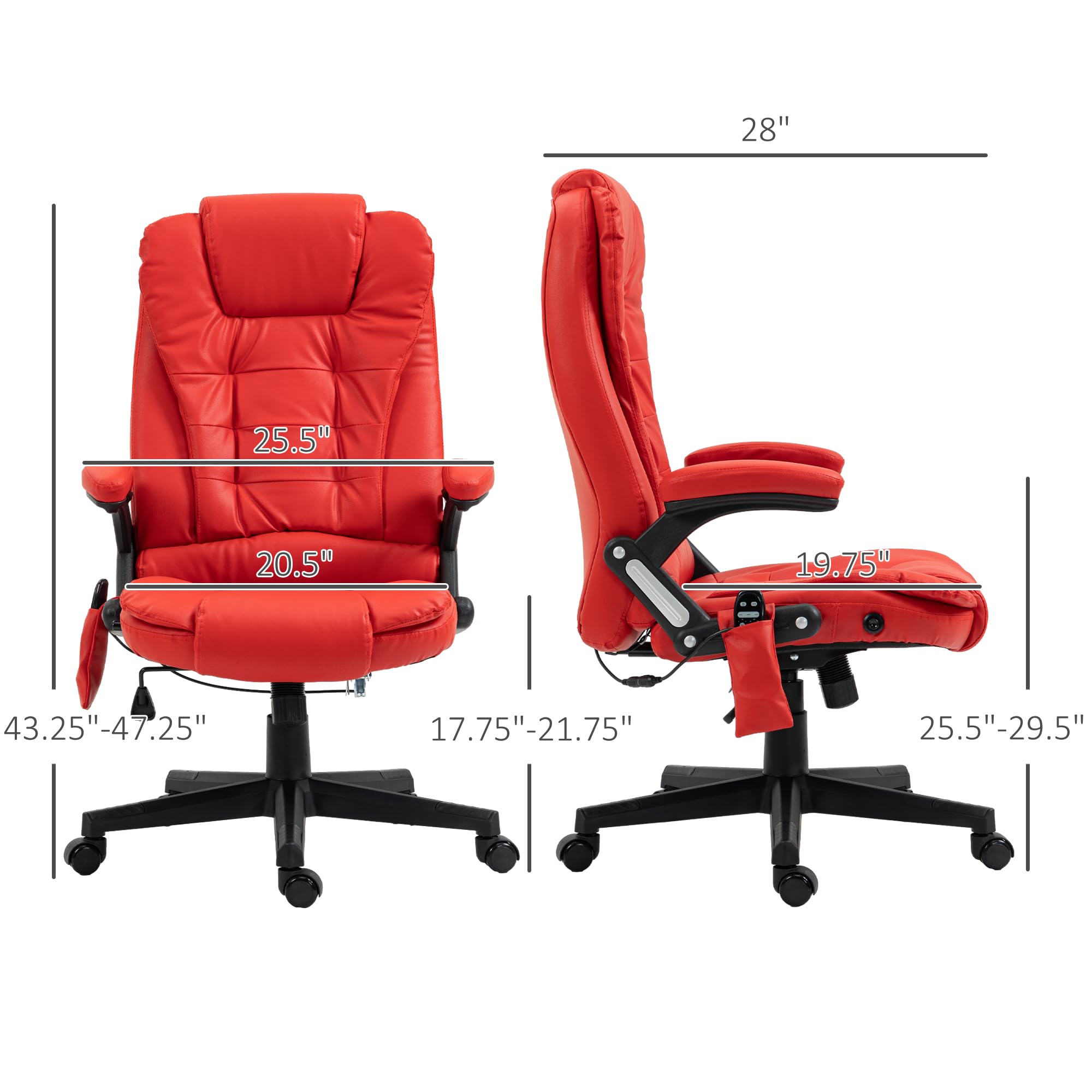 HOMCOM High Back Vibration Massage Office Chair with 6 Vibration Points & Heating - PU Leather Reclining Computer Chair with Adjustable Armrests & Remote Control (Red) - Perfect for Home Office, Gaming & Relaxation